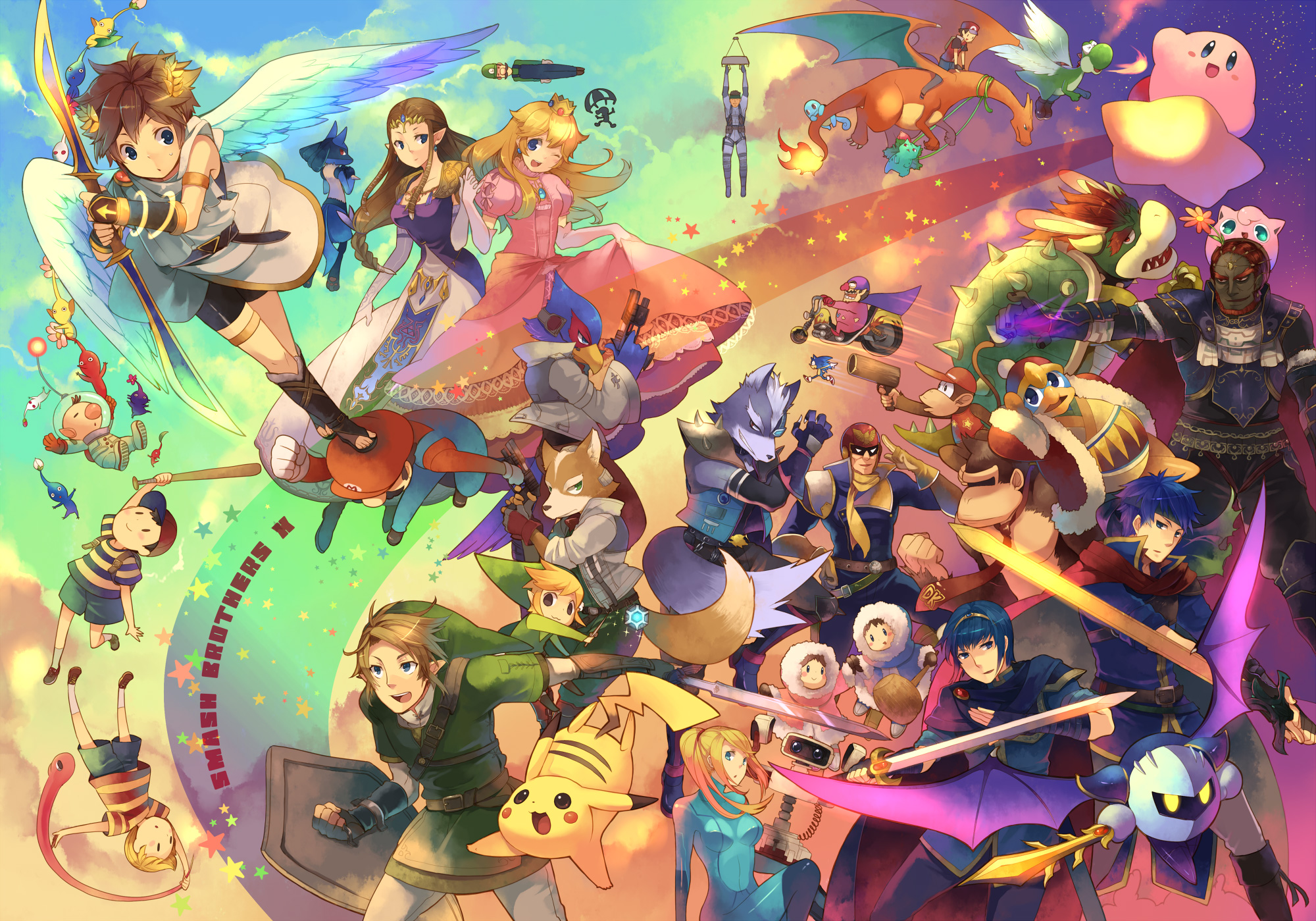 hanokage, bowser, bulbasaur, captain falcon, charizard, cypher (metal gear), diddy kong, donkey kong, falco lombardi, family computer robot, fox mccloud, ganondorf, ice climbers, ike (fire emblem), ivysaur, jigglypuff, king dedede, kirby, koopa, link, lucario, lucas (mother 3), luigi, mario, marth (fire emblem), meta knight, mr. game & watch, nana (ice climber), ness (mother 2), olimar, pikachu, pit (kid icarus), popo (ice climber), princess peach, princess zelda, samus aran, solid snake, sonic the hedgehog, squirtle, toon link, wario, wario-man, wolf o'donnell, yoshi, donkey kong (series), donkey kong country, f-zero, fire emblem, fire emblem: mystery of the emblem, fire emblem: path of radiance, game & watch, ice climber, kid icarus, kirby (series), mario (series), metal gear (series), metal gear solid, metroid, mother (series), mother 2, mother 3, nintendo, pikmin (series), pokemon, sonic (series), star fox, super smash bros., the legend of zelda, warioware, vehicle, highres, 00s, 4girls, 6+boys, absolutely everyone, animal ears, armlet, armor, backpack, bag, baseball bat, baseball cap, belt, black hair, blonde hair, blue eyes, blue hair, bodysuit, boots, bracelet, bracer, brown hair, cape, child, cload, cloak, closed eyes, cloud, coat, copyright name, crown, day, dress, drone, english text, everyone, facial hair, flower, flying, furry, galaxia (sword), gen 1 pokemon, gen 4 pokemon, gloves, gun, happy, hat, headband, helmet, holding, holding sword, holding weapon, jacket, jewelry, long hair, master sword, monkey, motor vehicle, motorcycle, multiple boys, multiple girls, mustache, open mouth, overalls, parachute, pikmin (creature), pink dress, pokemon (creature), ponytail, quiff, rabbit ears, rainbow, rainbow background, randoseru, red hair, riding, riding pokemon, robot, sandals, scarf, shield, shirt, short hair, shorts, sky, smile, spacesuit, spikes, star (symbol), sword, t-shirt, tail, unmanned aerial vehicle, unmanned combat aerial vehicle, warp star, weapon, wings, zero suit