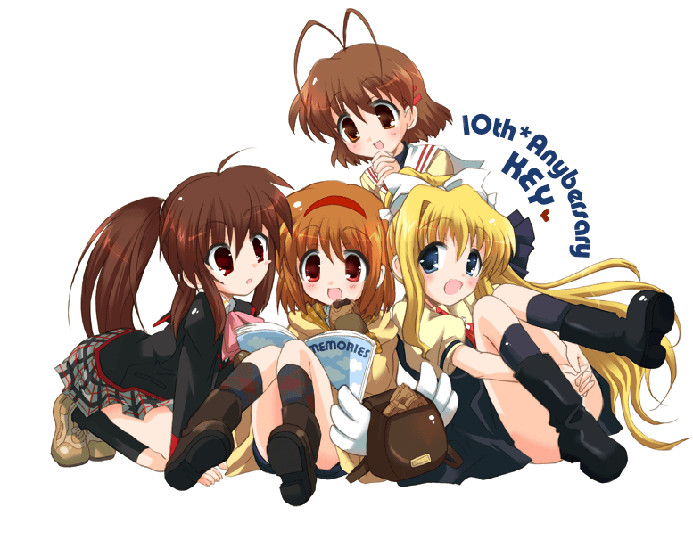 hizuki yayoi, furukawa nagisa, kamio misuzu, natsume rin, tsukimiya ayu, air (visual novel), clannad, kanon, key (company), little busters!, 00s, 4girls, backpack, bag, blonde hair, book, company connection, crossover, english text, engrish text, food, multiple girls, randoseru, ranguage, sitting, taiyaki, transparent background, wagashi