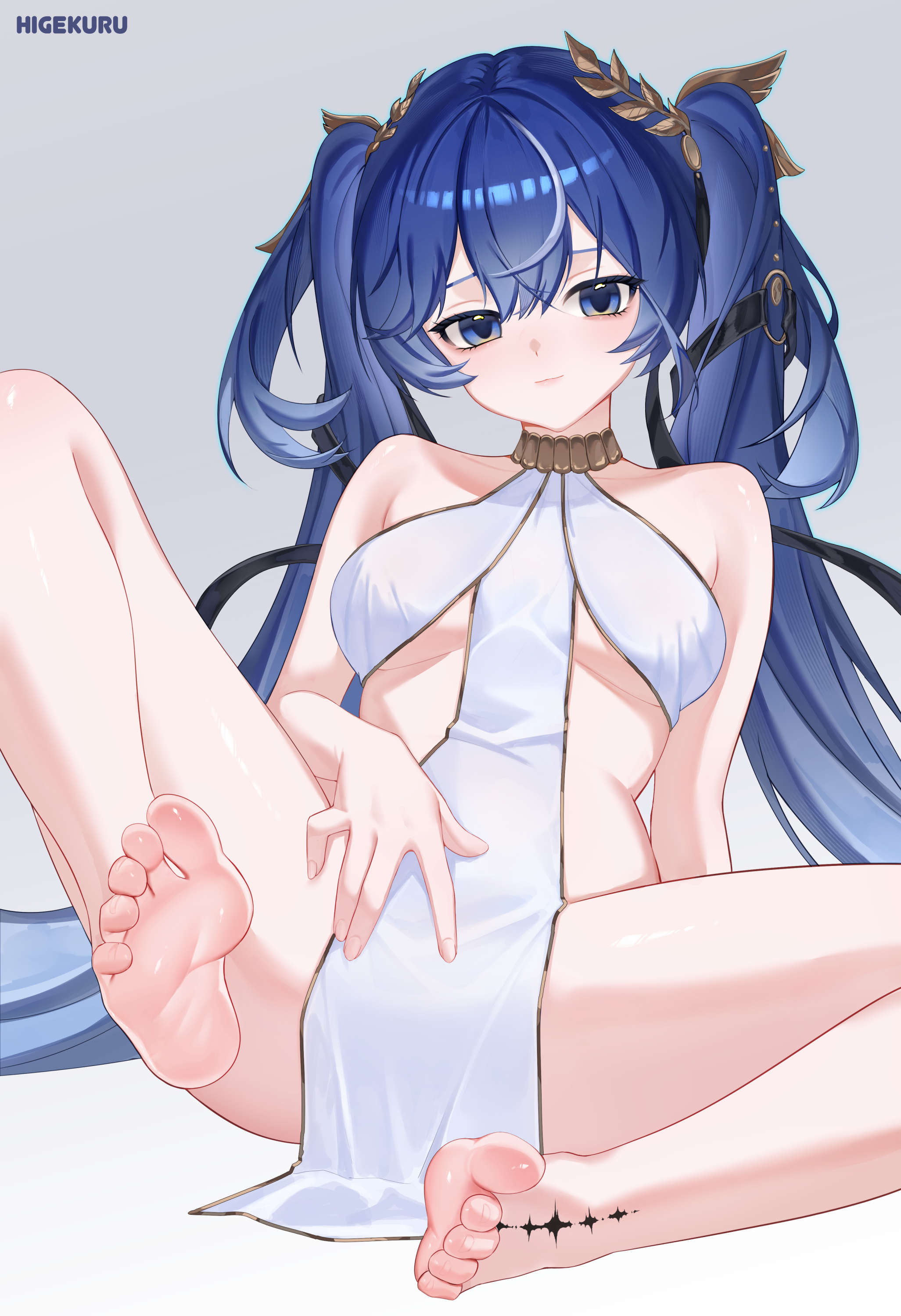 higekuru, iuno (wuthering waves), wuthering waves, absurdres, commentary, highres, symbol-only commentary, 1girl, alternate costume, artist name, bare shoulders, barefoot, blue eyes, blue hair, closed mouth, feet, foot focus, foreshortening, hand on own crotch, laurel crown, long hair, multicolored hair, revealing clothes, soles, solo, spread legs, streaked hair, tacet mark (wuthering waves), thighs, toes, twintails, very long hair