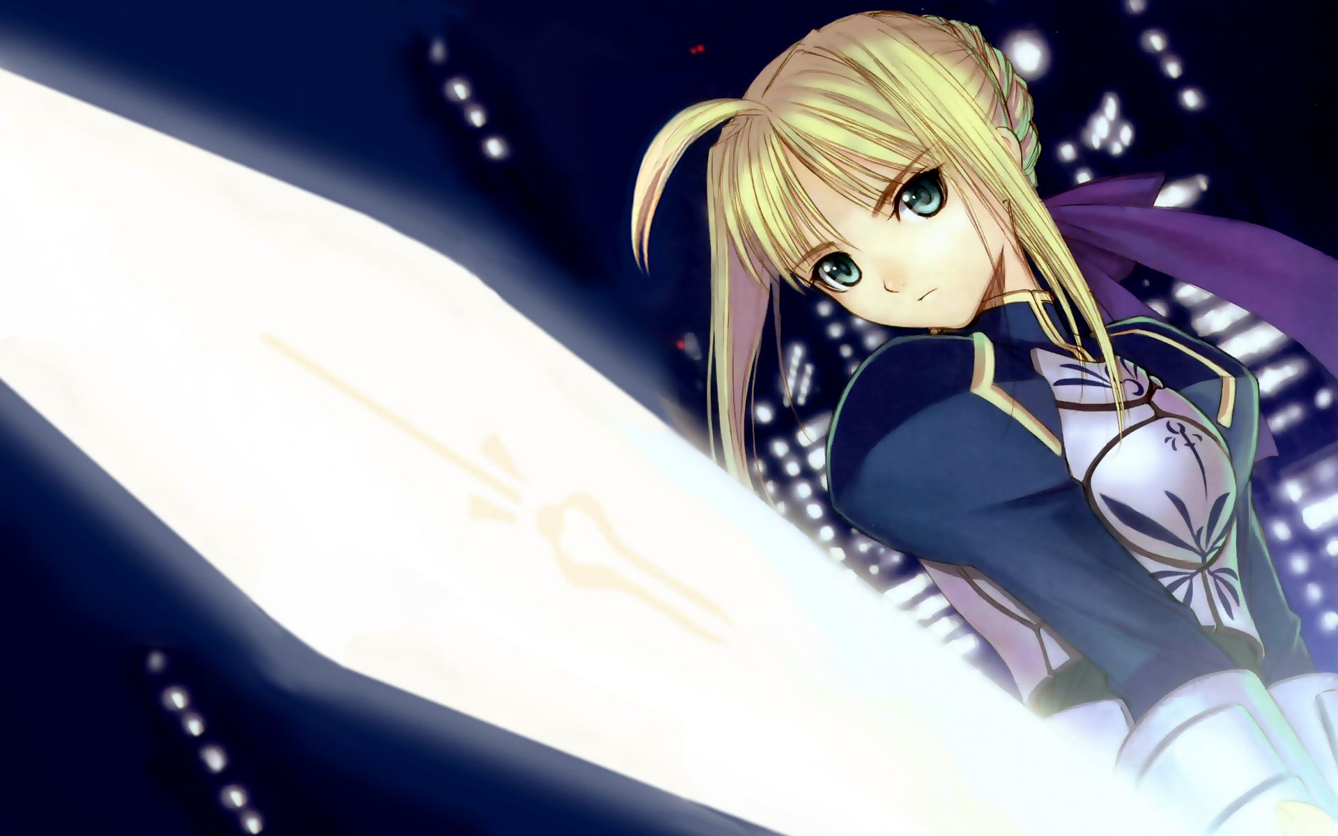 tony taka, artoria pendragon (fate), saber (fate), fate/stay night, fate (series), highres, 00s, armor, armored dress, blonde hair, braid, braided bun, dress, green eyes, hair bun, solo, sword, weapon