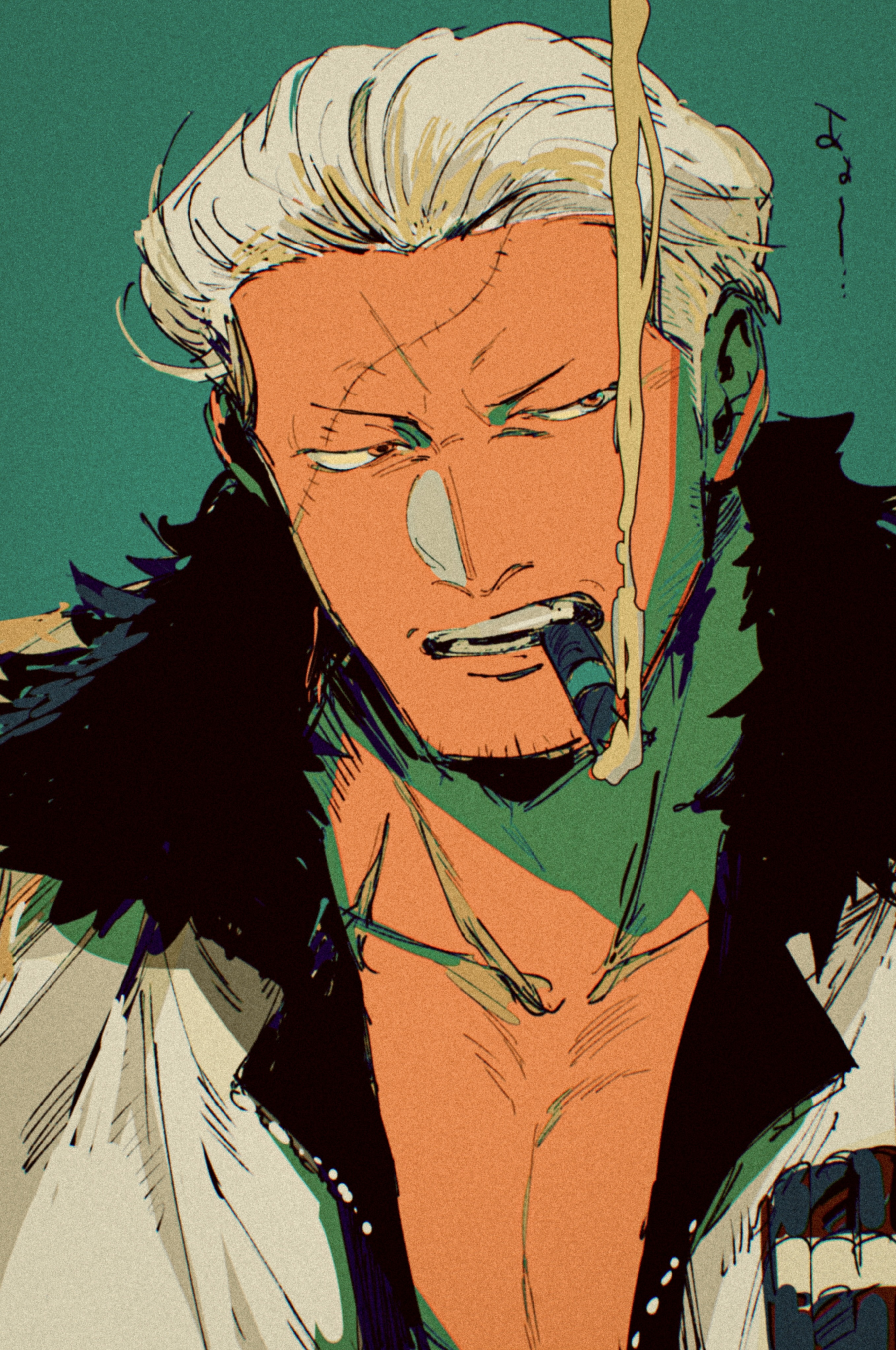 kabane (rjev8385), smoker (one piece), one piece, absurdres, commentary request, highres, translation request, 1boy, beard stubble, brown eyes, cigar, facial hair, fur-trimmed jacket, fur trim, goatee stubble, green background, jacket, looking to the side, male focus, mouth hold, open mouth, pectoral cleavage, pectorals, portrait, scar, scar on face, scar on forehead, short hair, simple background, smoke, smoking, solo, stitched face, stitches, stubble, undercut, white hair, white jacket