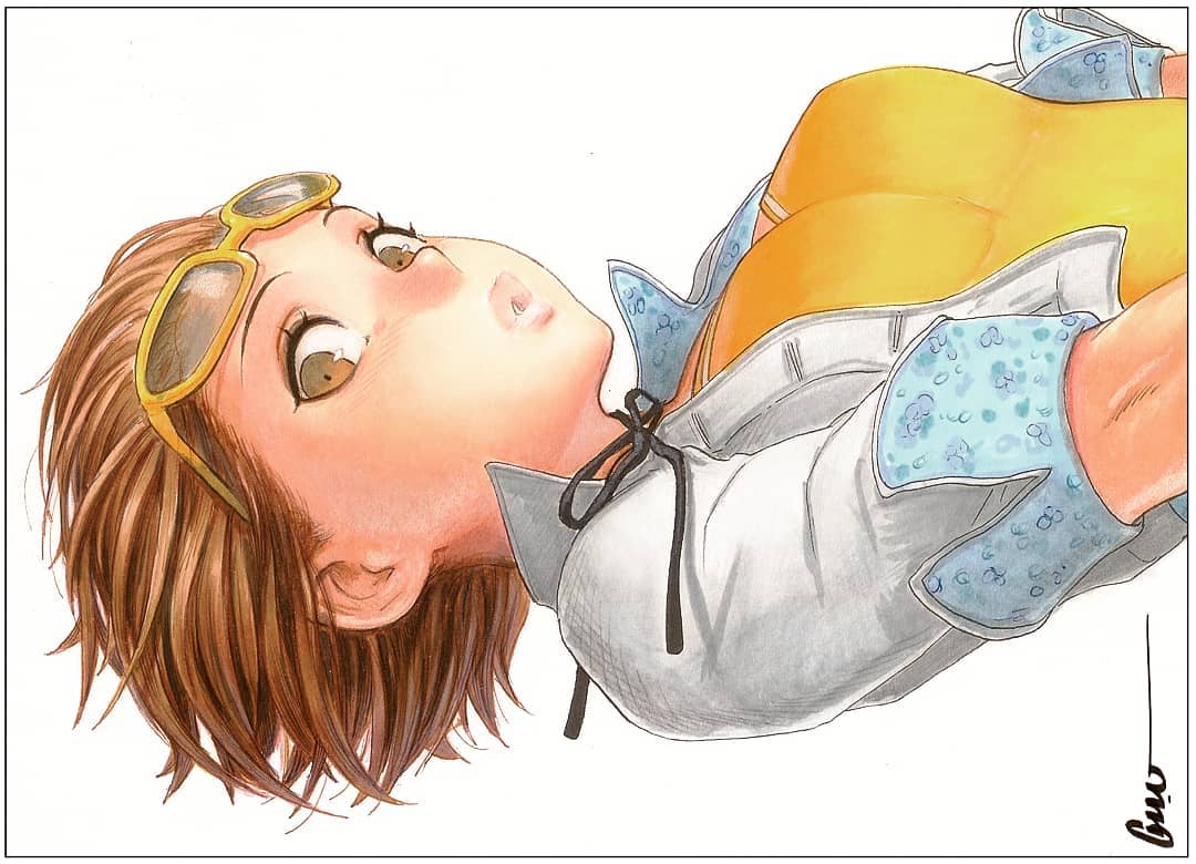 omar dogan, satonaka chie, persona, persona 4, traditional media, 1girl, artist name, black ribbon, breasts, brown eyes, brown hair, cropped jacket, dress, eyewear on head, glasses, lips, medium breasts, official alternate costume, ribbon, short hair, short sleeves, signature, simple background, smile, solo, sunglasses, upper body, white background, yellow-framed eyewear, yellow dress