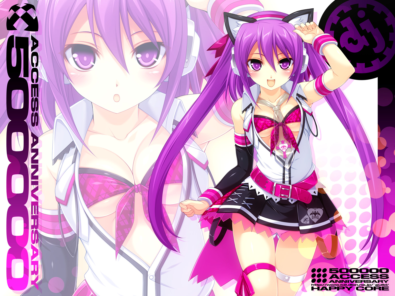 kinoshita ichi, mizushiro celica, mizushiro celica (punk cat), beatmania iidx, bemani, highres, 1girl, :o, animal ear headphones, animal ears, bare shoulders, belt, blush, breasts, cat ear headphones, cat ears, cleavage, collarbone, detached sleeves, fake animal ears, female focus, headphones, long hair, looking at viewer, medium breasts, necktie, open clothes, open mouth, open shirt, panties, pantyshot, purple hair, see-through clothes, shirt, skirt, smile, solo, thigh gap, thigh strap, twintails, underwear, upskirt, white panties, zoom layer