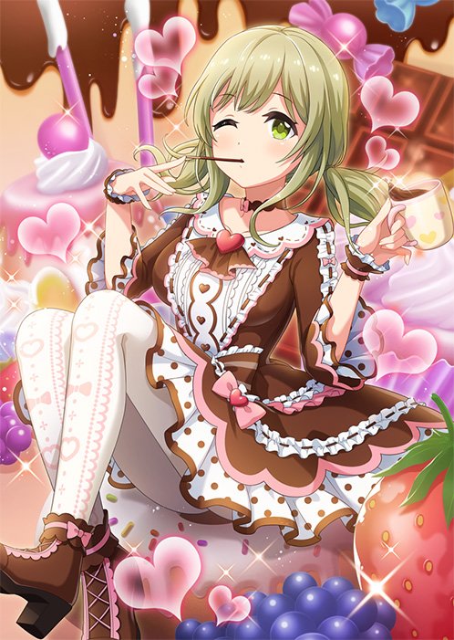 shiori (project tokyo dolls), project tokyo dolls, commentary request, official art, second-party source, 1girl, blush, bow, bow choker, breasts, brooch, brown choker, brown dress, brown shoes, brown wrist cuffs, candy, chocolate, chocolate bar, choker, collarbone, cup, cupcake, dot nose, dress, drink, food, food in mouth, frilled dress, frills, fruit, grapes, green eyes, green hair, heart, heart brooch, high heels, holding, holding cup, jewelry, knees up, large breasts, looking at viewer, medium hair, mug, one eye closed, oversized food, oversized object, pantyhose, pink bow, pocky, pocky in mouth, pudding, shoes, short twintails, sitting, sparkle, strawberry, twintails, white pantyhose, wrist cuffs