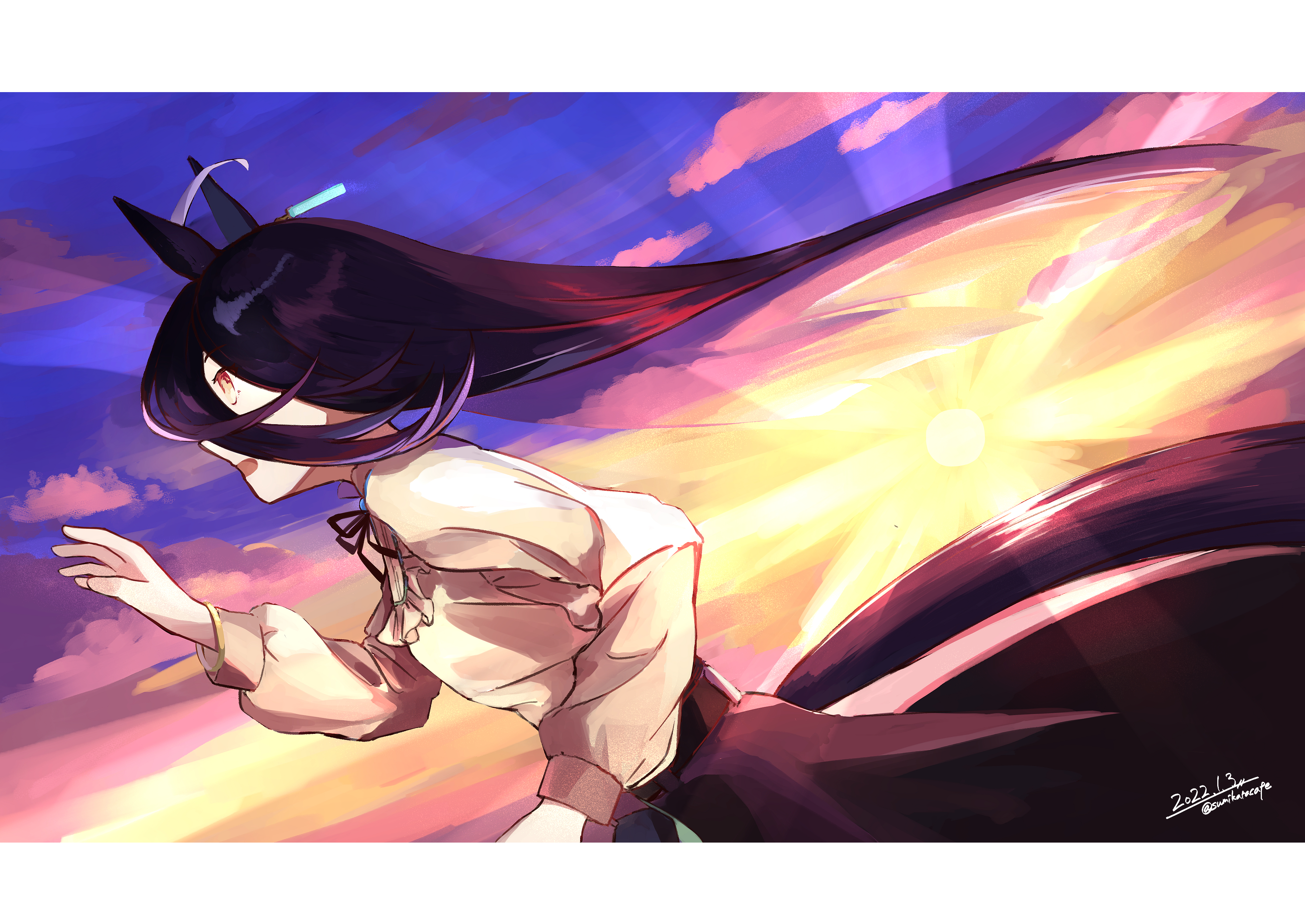 manhattan cafe (umamusume), umamusume, absurdres, highres, 1girl, 253 bcl 24282, ahoge, black hair, black ribbon, breasts, dated, ear tag, hair between eyes, light rays, long hair, long hair between eyes, long sleeves, multicolored hair, neck ribbon, open mouth, ribbon, running, shirt, small breasts, solo, sun, twitter username, very long hair, white hair, yellow eyes, yellow shirt