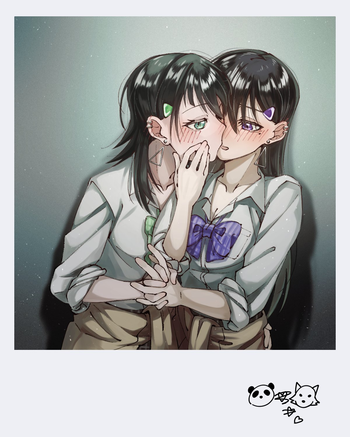 doki (oox3o), shiina taki, yahata umiri, bang dream!, bang dream! it's mygo!!!!!, highres, 2girls, black hair, blush, bow, bowtie, brown cardigan, cardigan, cardigan around waist, clothes around waist, dress shirt, ear piercing, earrings, green bow, green bowtie, hair ornament, hairclip, heart, holding hands, interlocked fingers, jewelry, kiss, long hair, looking through fingers, multiple girls, open mouth, piercing, plaid bow, plaid bowtie, plaid clothes, purple bow, purple bowtie, purple eyes, shirt, sleeves rolled up, three-quarter sleeves, upper body, white shirt, yuri