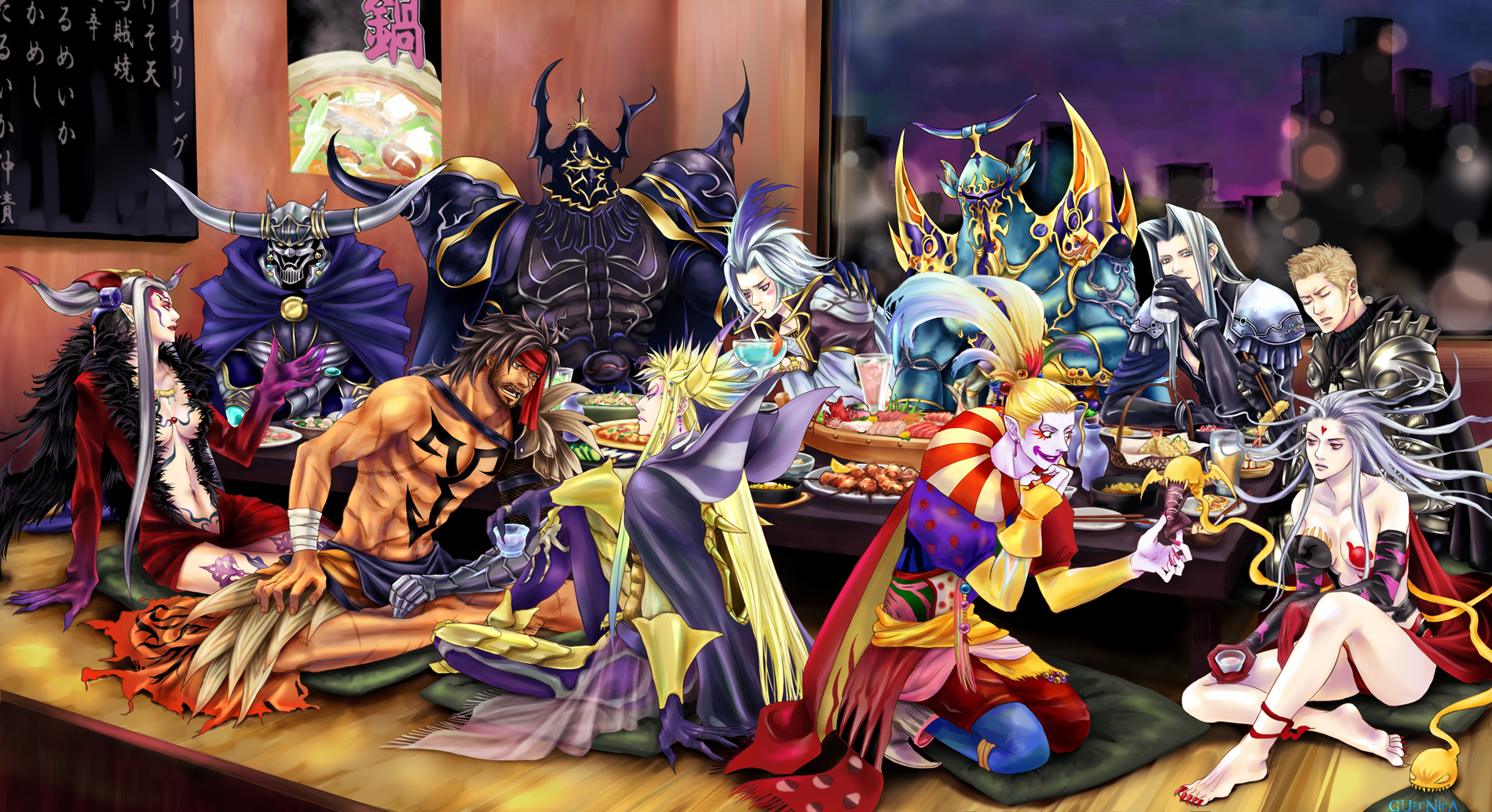 guernica, cefca palazzo, cloud of darkness, emperor (ff2), emperor mateus, exdeath, gabranth, gabranth (ff12), garland (ff1), golbez, jecht, kuja, sephiroth, ultimecia, dissidia final fantasy, final fantasy, final fantasy i, final fantasy ii, final fantasy iii, final fantasy iv, final fantasy ix, final fantasy v, final fantasy vi, final fantasy vii, final fantasy viii, final fantasy x, final fantasy xii, 1980s (style), highres, spoilers, translation request, 00s, 1990s (style), 2girls, armor, drinking, eating, everyone, food, full armor, in-franchise crossover, multiple girls, oldschool, retro artstyle, scar, tattoo