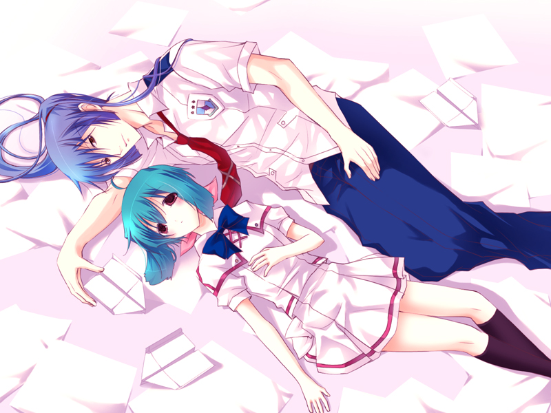 nicolla, vanilla (artist), vanilla (nicolla), ranka lee, saotome alto, macross, macross frontier, black legwear, bad id, bad pixiv id, 00s, 1boy, 1girl, ahoge, blue hair, green hair, long hair, necktie, paper airplane, short hair