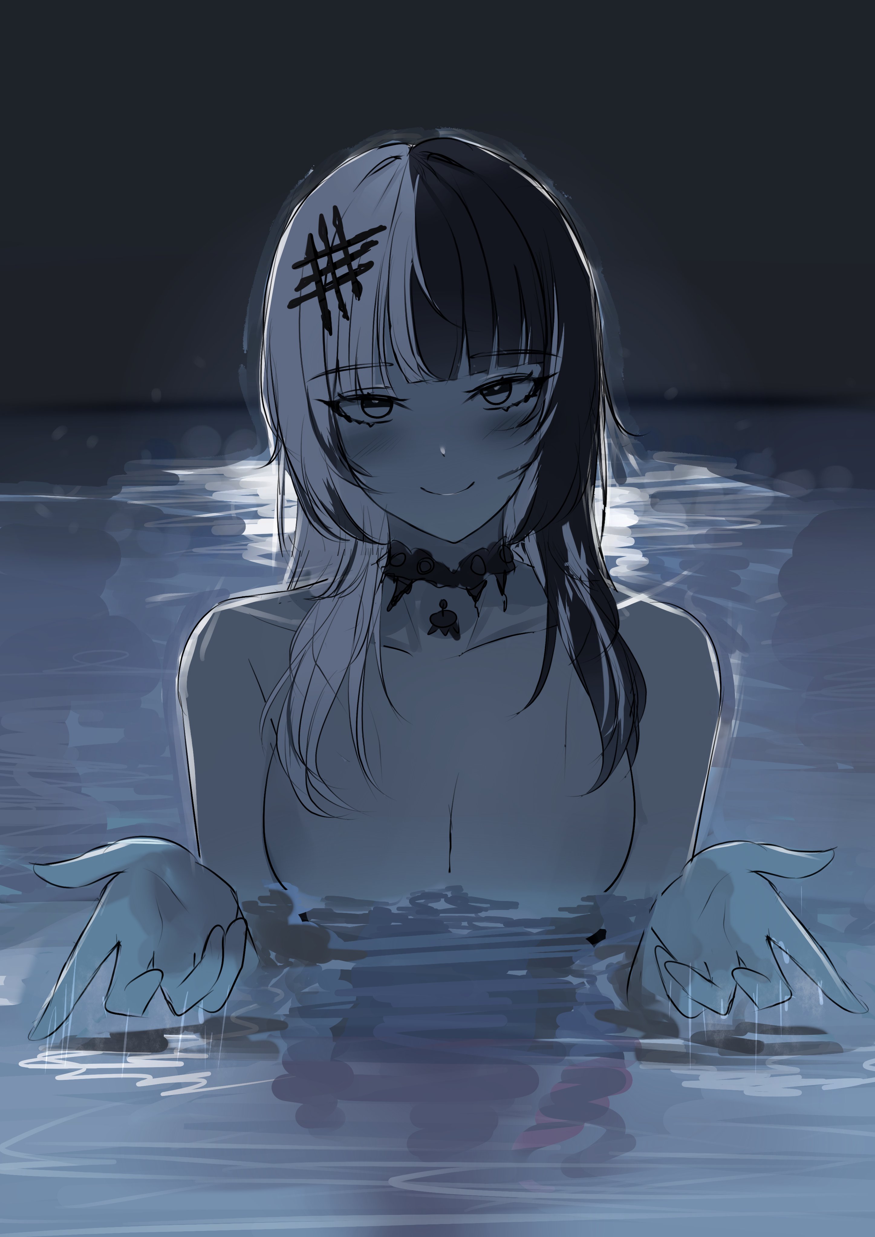 karu (karusenpai), shiori novella, chainsaw man, hololive, hololive english, absurdres, highres, 1girl, black choker, black hair, breasts, choker, closed mouth, grey eyes, long hair, looking at viewer, medium breasts, multicolored hair, partially submerged, pool, scene reference, sketch, smile, solo, split-color hair, two-tone hair, virtual youtuber, white hair