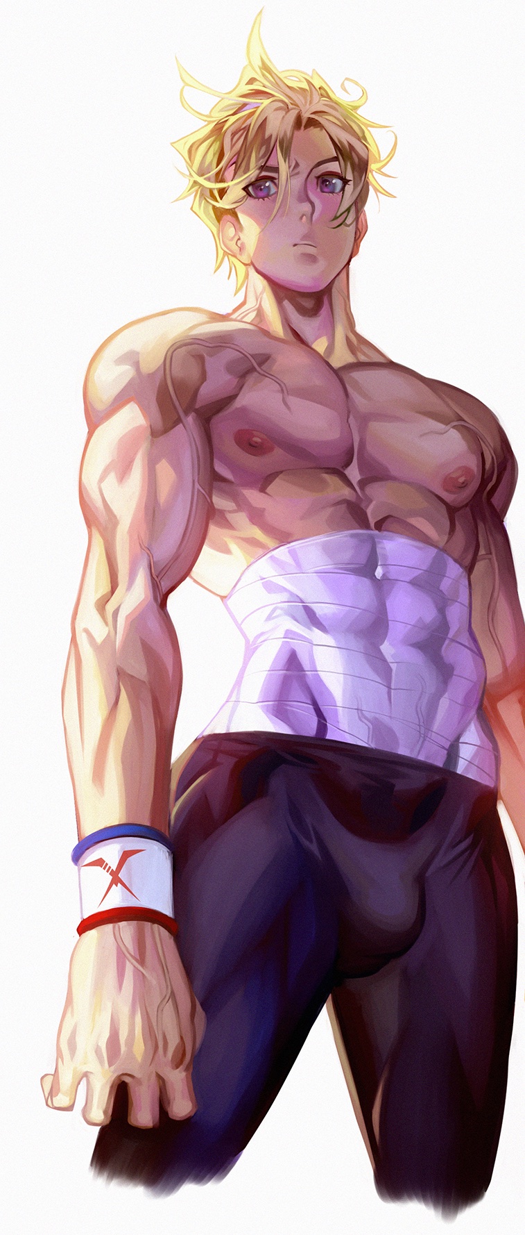 dreadful alibi, highres, non-web source, 1boy, bara, blonde hair, bulge, compression shorts, muscular, muscular male, purple eyes, shredded muscles, undercut, veins