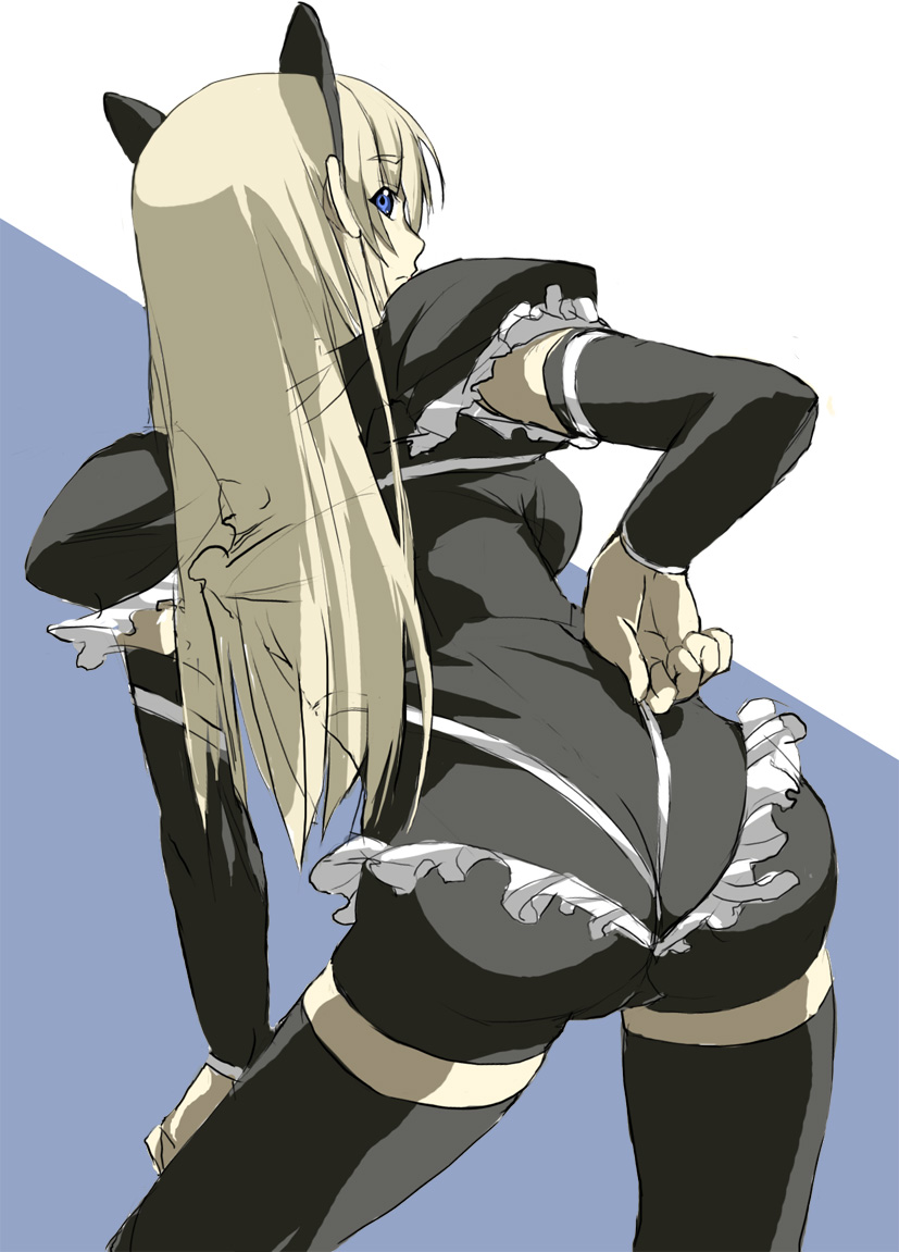 fura, fatina, fatina (druaga), babylonian castle saga, bandai namco, druaga no tou, 1girl, animal ears, ass, blonde hair, blue eyes, blush, bodysuit, brown eyes, cameltoe, cat ears, cowboy shot, female focus, from behind, frown, hand to own mouth, holding hands, long hair, looking at viewer, shoulder pads, skin tight, solo, thighhighs, very long hair