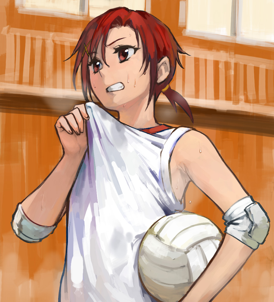 b suke, hino akane (smile precure!), precure, smile precure!, commentary request, 1girl, ball, clenched teeth, elbow pads, hair ornament, holding, holding ball, ponytail, red eyes, red hair, solo, sportswear, steaming body, sweat, teeth, upper body, volleyball, volleyball uniform, x hair ornament