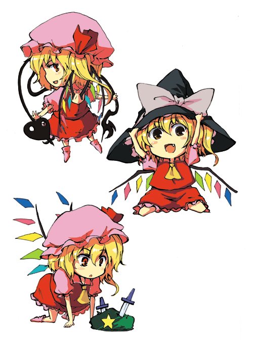 itsuki kuro, flandre scarlet, touhou, bad id, bad pixiv id, 1girl, all fours, blonde hair, chibi, fang, female focus, full body, hat, knife, multiple views, red eyes, short hair, simple background, sitting, white background, witch hat
