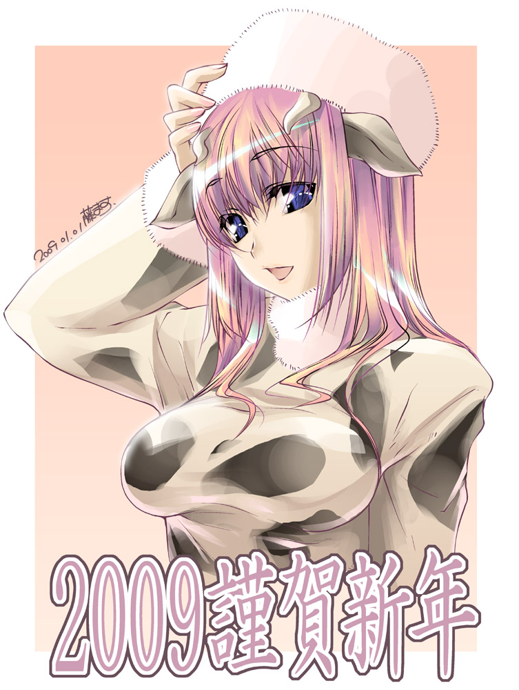 thomasz, 00s, 1girl, 2009, animal ears, animal print, breasts, cow ears, cow girl, cow print, female focus, hat, horns, impossible clothes, impossible shirt, long hair, medium breasts, new year, shirt, solo