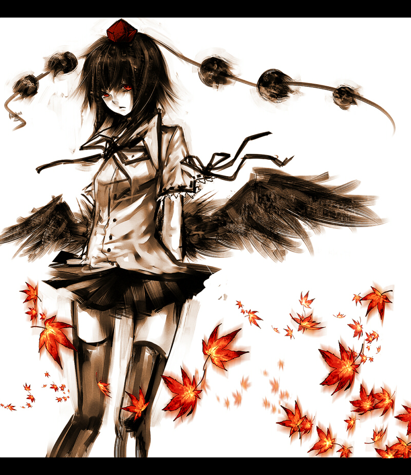 neota, shameimaru aya, touhou, bad id, bad pixiv id, 1girl, black hair, expressionless, female focus, hat, leaf, looking at viewer, short hair, skirt, solo, thighhighs