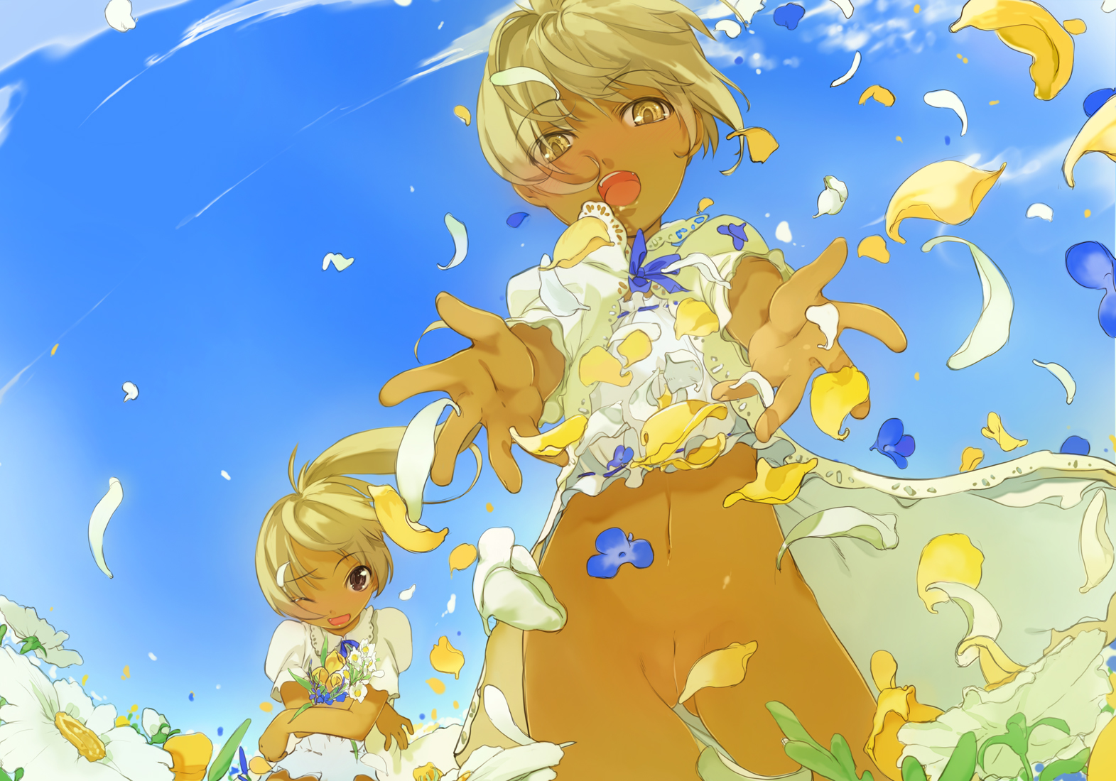 maruku, original, 2girls, blonde hair, bottomless, cleft of venus, clothes lift, dark-skinned female, dark skin, day, dress, dress lift, field, fisheye, flower, flower field, foreshortening, half-closed eyes, landscape, looking at viewer, multiple girls, navel, no panties, outdoors, outstretched arms, outstretched hand, petals, ponytail, pussy, reaching, reaching towards viewer, short hair, sky, uncensored, upskirt, wind, yellow eyes