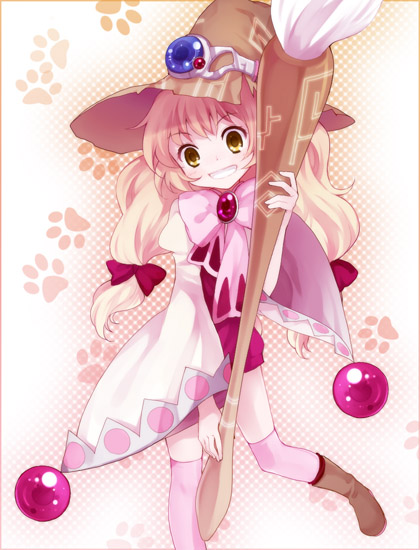 koto (colorcube), beryl benito, original, tales of (series), tales of hearts, 1girl, boots, bow, calligraphy brush, child, fantasy, female focus, hat, knee boots, paintbrush, pink bow, solo, thighhighs, witch hat