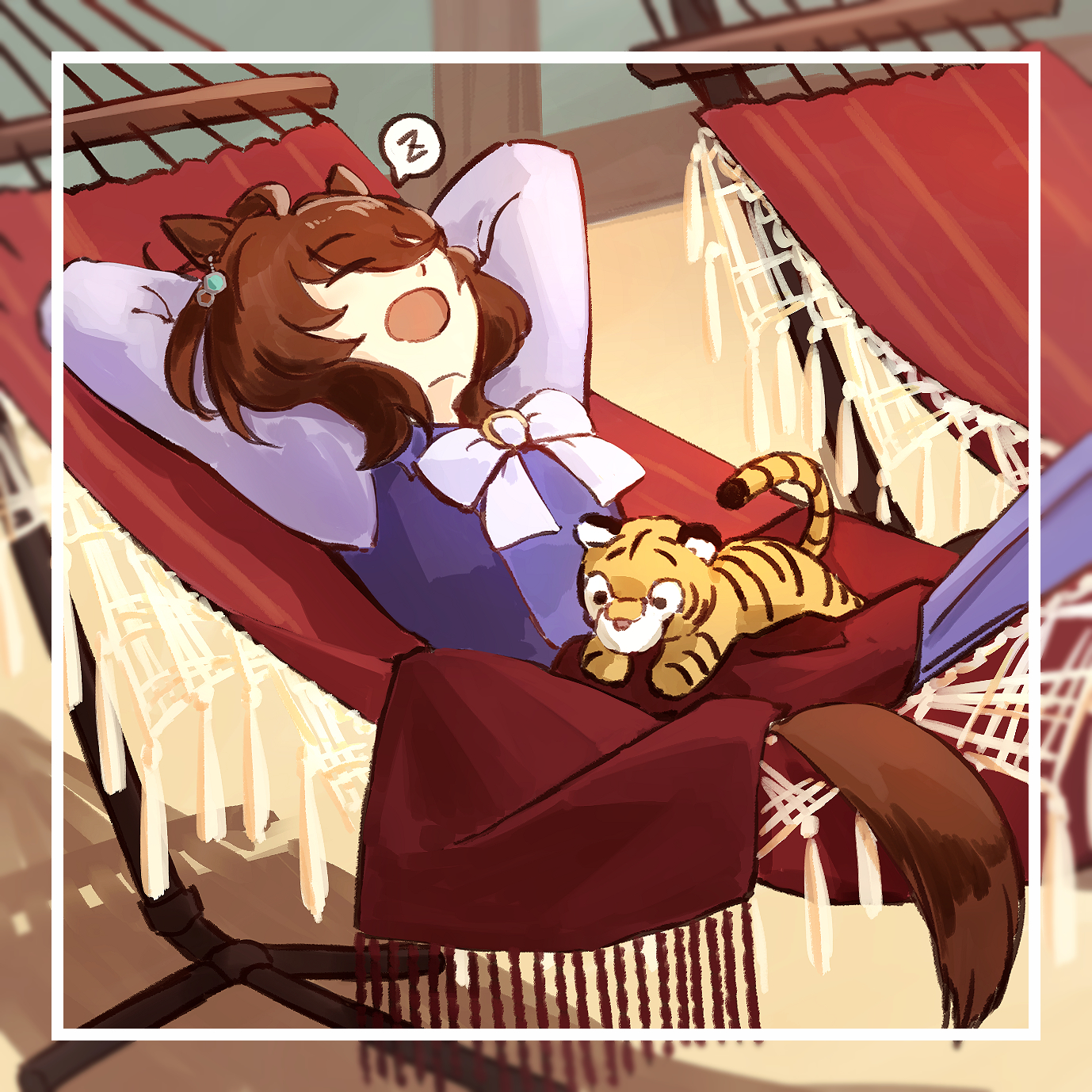 agnes tachyon (umamusume), umamusume, highres, 1girl, 253 bcl 24282, arm tattoo, arms behind head, arms up, blanket, blanket over midsection, bow, bowtie, closed eyes, hammock, on hammock, open mouth, pleated skirt, purple shirt, school uniform, shirt, skirt, sleeping, solo, spoken zzz, stuffed animal, stuffed tiger, stuffed toy, tattoo, tracen school uniform, white bow, white bowtie, zzz