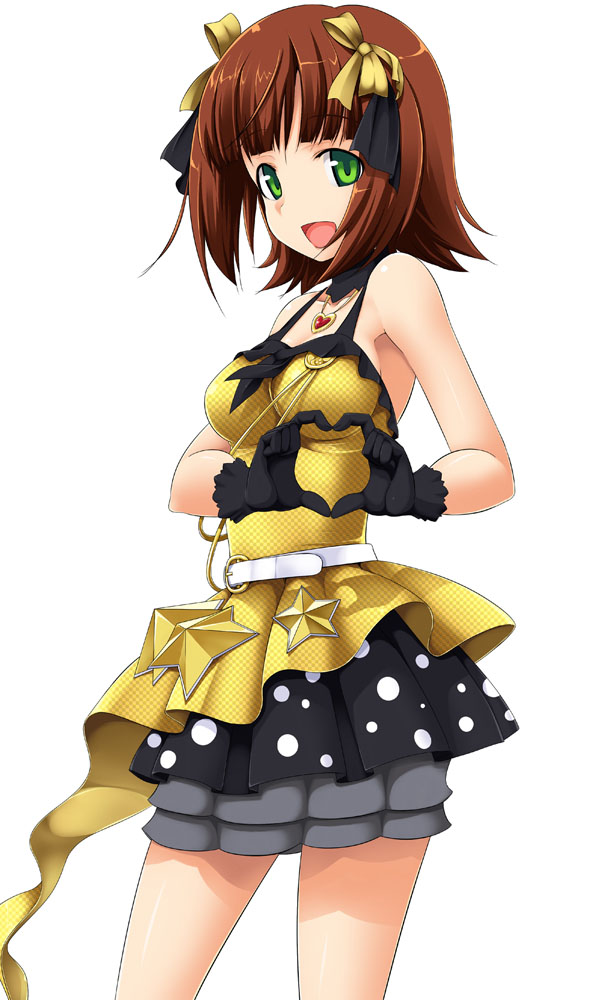 takayaki, amami haruka, idolmaster, idolmaster (classic), live for venus, 00s, 1girl, breasts, female focus, four-finger heart hands, gloves, heart, heart hands, heart necklace, jewelry, necklace, polka dot, polka dot skirt, simple background, skirt, solo, white background