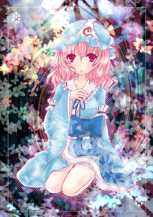 emo (artist), emo (mikan), saigyouji yuyuko, touhou, bad id, bad pixiv id, 1girl, dress, female focus, flower, full body, hat, nature, pink eyes, pink hair, plant, solo