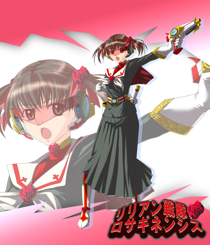 tnonizyou, fukuzawa yumi, maria-sama ga miteru, tokusatsu, 1girl, blush, brown hair, long skirt, long sleeves, looking at viewer, outstretched arm, parody, red eyes, shaded face, short hair, skirt, twintails, zoom layer