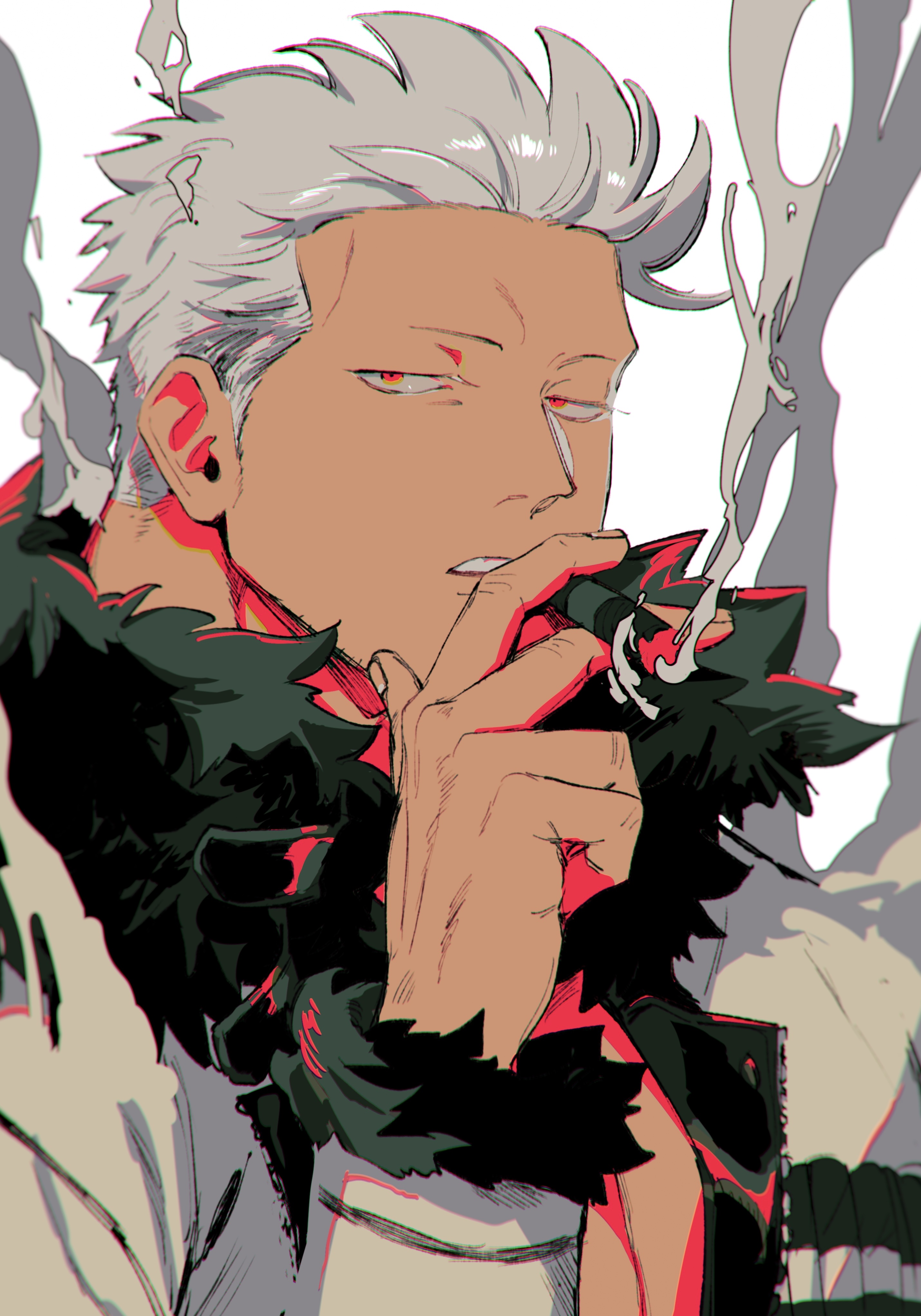 kabane (rjev8385), smoker (one piece), one piece, absurdres, commentary request, highres, 1boy, bara, between fingers, cigar, facial hair, fur-trimmed jacket, fur trim, holding, holding cigar, jacket, jitome, looking at viewer, male focus, mature male, muscular, muscular male, no shirt, parted lips, portrait, red eyes, short hair, sideburns, smoke, smoke trail, smoking, solo, upper body, white background, white hair, white jacket