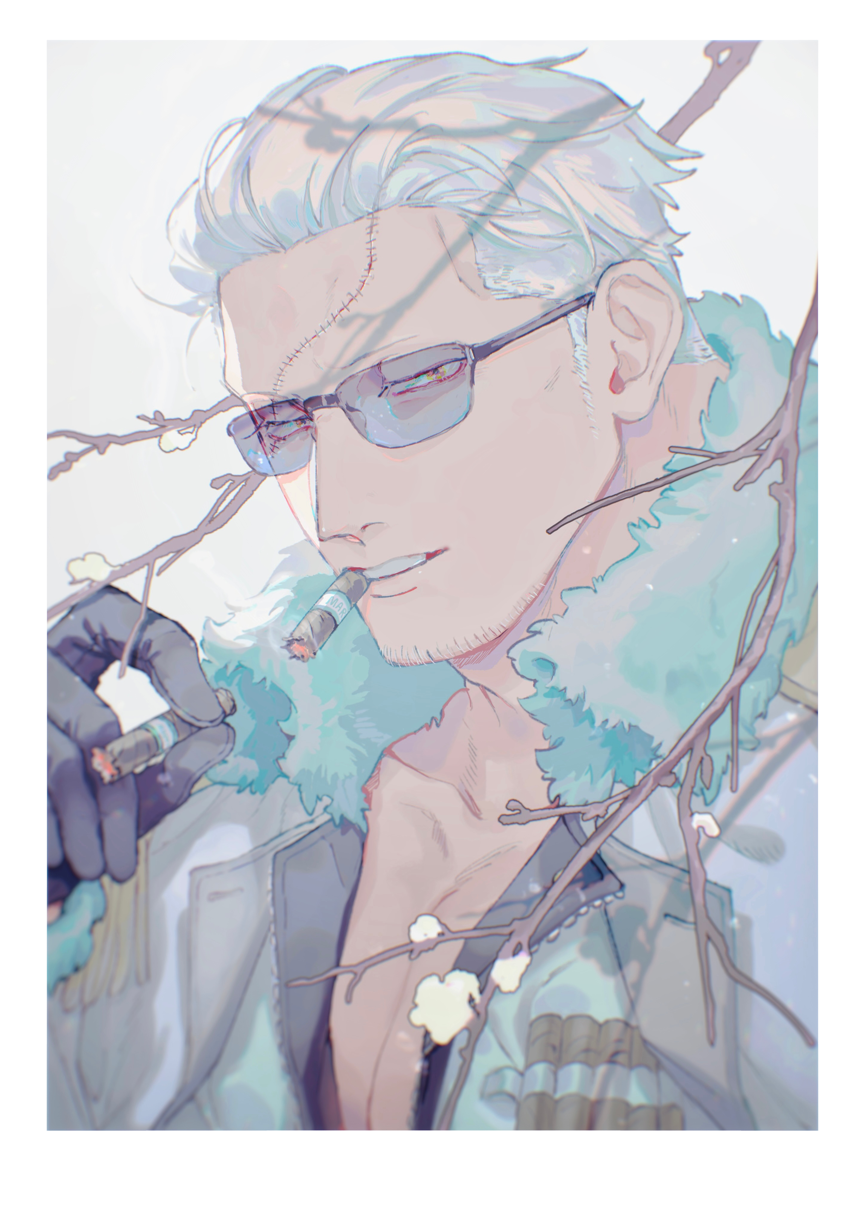 kabane (rjev8385), smoker (one piece), one piece, absurdres, commentary request, highres, 1boy, bara, black gloves, border, branch, cigar, collarbone, cursive, english text, epaulettes, facial hair, fur-trimmed jacket, fur trim, gloves, goatee stubble, holding, holding cigar, jacket, looking at viewer, male focus, mature male, muscular, muscular male, no shirt, open clothes, open jacket, orange eyes, pectoral cleavage, pectorals, rimless eyewear, scar, scar on face, short hair, sideburns, smoking, solo, stubble, sunglasses, upper body, white border, white hair, white jacket, zipper