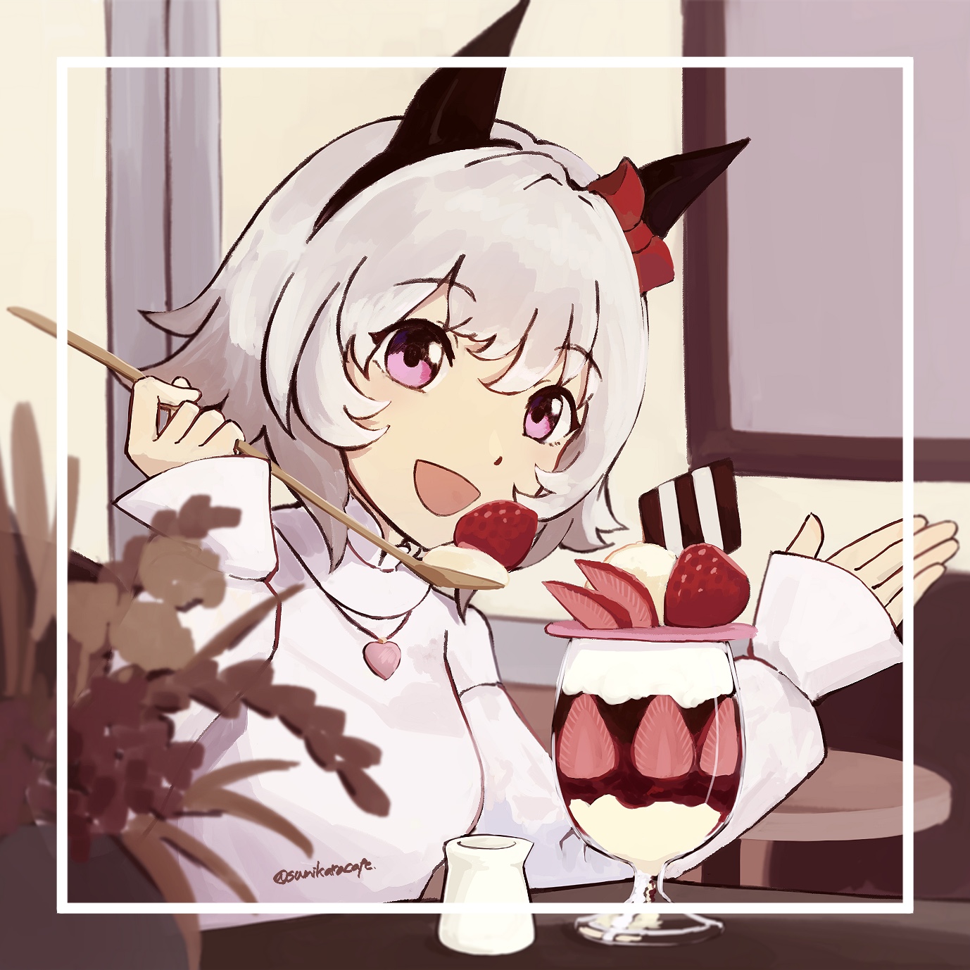 curren chan (umamusume), umamusume, highres, 1girl, 253 bcl 24282, black hairband, blue eyes, bow, creamer (vessel), ear bow, food, fruit, grey hair, hairband, hands up, ice cream, jewelry, long sleeves, necklace, open mouth, plant, potted plant, red bow, shirt, short hair, sliced fruit, smile, solo, strawberry, sundae, twitter username, white shirt