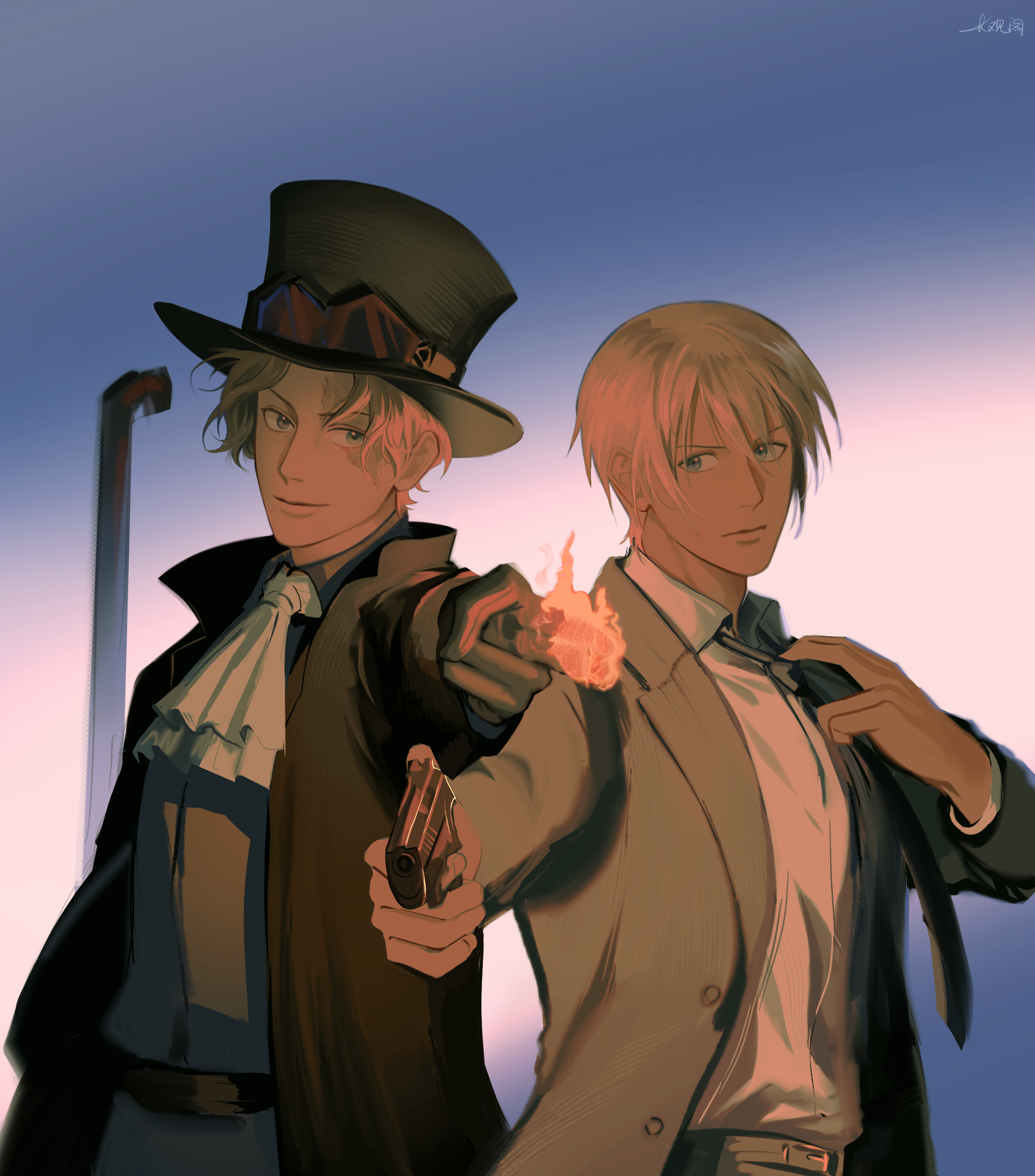 kotomine (a1569), amuro tooru, sabo (one piece), meitantei conan, one piece, highres, 2boys, adjusting clothes, adjusting necktie, ascot, belt, black belt, black gloves, black hat, black jacket, blonde hair, blue eyes, blue necktie, closed mouth, fire, gloves, gradient background, grey jacket, gun, hat, holding, holding gun, holding lead pipe, holding weapon, jacket, lead pipe, male focus, multiple boys, necktie, pyrokinesis, scar, scar on face, shirt, short hair, smile, top hat, voice actor connection, weapon, white ascot, white shirt