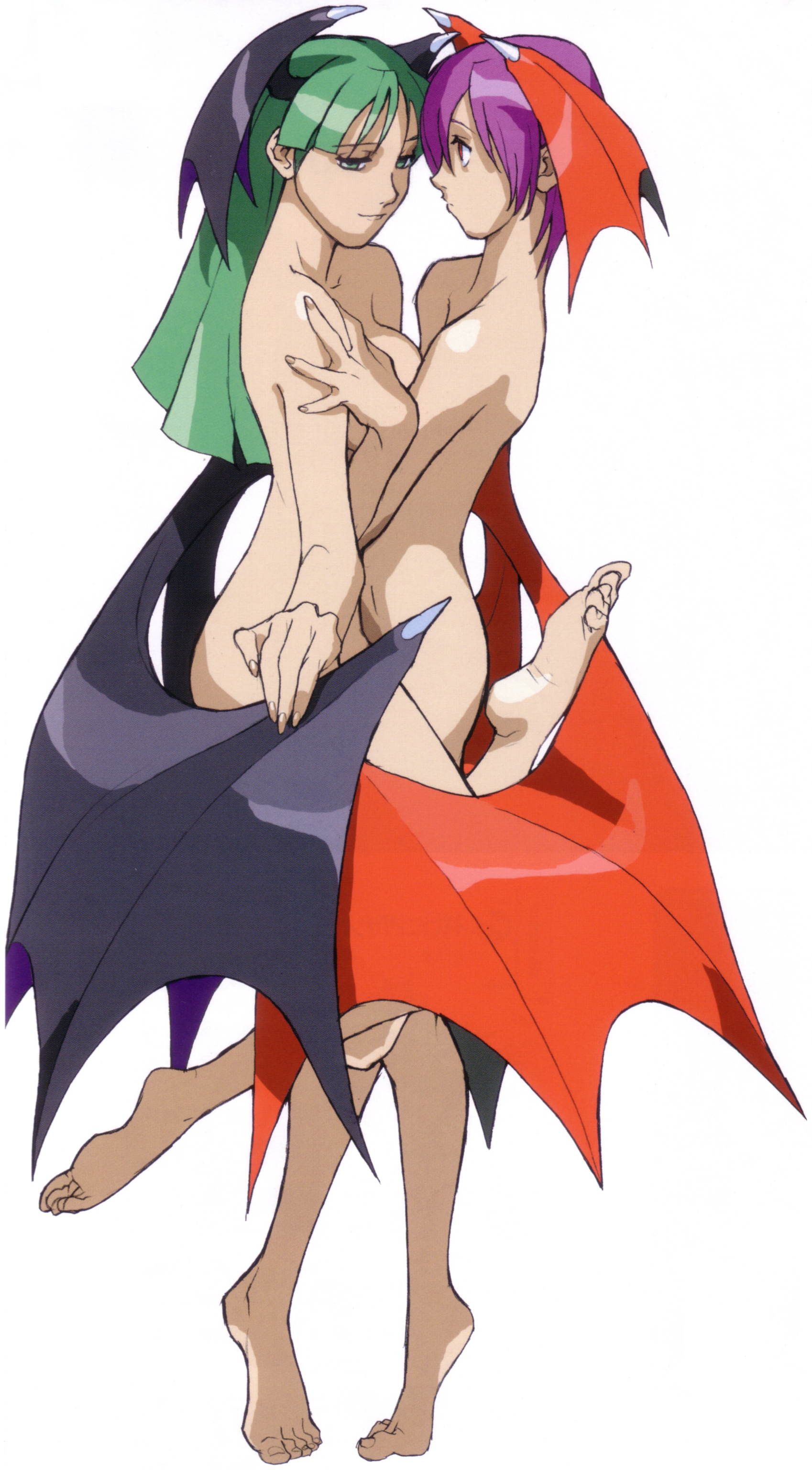 bengus, lilith (darkstalkers), morrigan aensland, capcom, darkstalkers, arm grab, absurdres, highres, official art, 2girls, asymmetrical docking, barefoot, bat wings, blunt bangs, breast press, breasts, demon girl, eye contact, feet, female focus, fingernails, flat chest, foreshortening, green eyes, green hair, head wings, incest, large breasts, leg lift, long fingernails, long hair, looking at another, multiple girls, nude, profile, purple hair, red eyes, short hair, siblings, sideboob, simple background, sisters, smile, soles, standing, standing on one leg, tiptoes, wings, yuri
