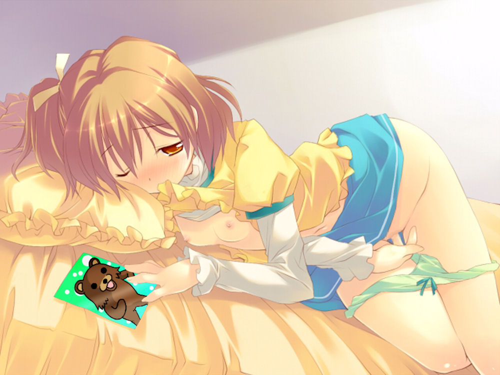 inase shin'ya, pedobear, yamabuki inori, fresh precure!, precure, jpeg artifacts, third-party edit, 00s, 1girl, bed, bedroom, blush, breasts, brown hair, censored, clothes lift, dutch angle, female focus, female masturbation, fingering, flat chest, indoors, lying, masturbation, mouth hold, navel, one eye closed, panties, panty pull, photo (object), pillow, pussy, shirt lift, short hair, side ponytail, skirt, small areolae, small breasts, small nipples, solo, underwear, wink