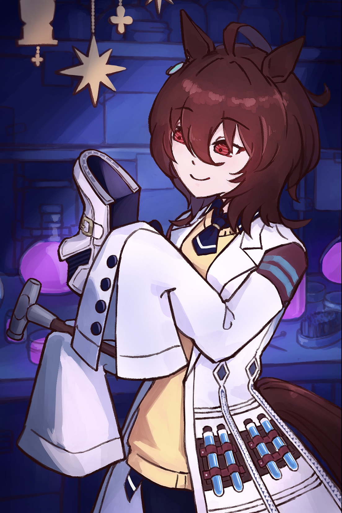 agnes tachyon (umamusume), umamusume, holding footwear, highres, 1girl, 253 bcl 24282, ahoge, animal ears, black necktie, black shirt, boots, closed mouth, coat, collared shirt, cork, ear ornament, earrings, flask, hair between eyes, hammer, hem peeking out, holding, holding boots, holding hammer, holding unworn clothes, horse ears, horse girl, horse tail, huge ahoge, jewelry, lab coat, medium hair, necktie, red eyes, round-bottom flask, shirt, short necktie, single earring, sleeves past fingers, sleeves past wrists, smile, solo, sweater, tail, test tube, unworn boots, white coat, wolf cut, yellow sweater