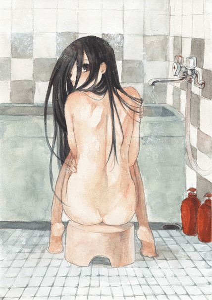 komori kiri, sayonara zetsubou sensei, bad id, bad pixiv id, traditional media, 00s, 1girl, ass, back, barefoot, bath, black hair, brown eyes, female focus, long hair, looking back, nude, sitting, solo