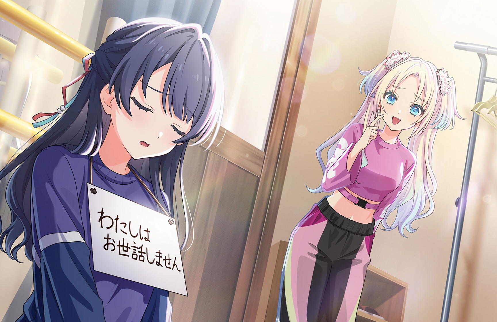 murano sayaka, murano sayaka (winter training wear), osawa rurino, osawa rurino (winter training wear), link! like! love live!, love live!, game cg, highres, non-web source, official art, translated, 2girls, :d, blonde hair, blue eyes, blue hair, blue ribbon, blue shirt, breasts, buckle, closed eyes, crop top, cropped shirt, fang, gradient hair, hair intakes, hair ribbon, half updo, indoors, leaning forward, looking at another, medium breasts, multicolored hair, multiple girls, open mouth, pants, parted bangs, peanut mouth, pet shaming, pink pants, pink shirt, raised inner eyebrows, red ribbon, ribbon, scratching cheek, shirt, sign, sign around neck, smile, snap-fit buckle, virtual youtuber