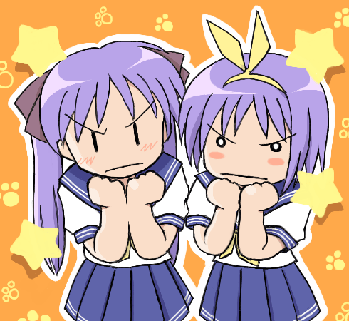 hiiragi kagami, hiiragi tsukasa, lucky star, popotan, lowres, 2girls, angry, hair ribbon, hairband, icchae popotan, long hair, multiple girls, parody, purple hair, ribbon, school uniform, serafuku, short hair, siblings, sisters, star (symbol), twins, twintails, | |