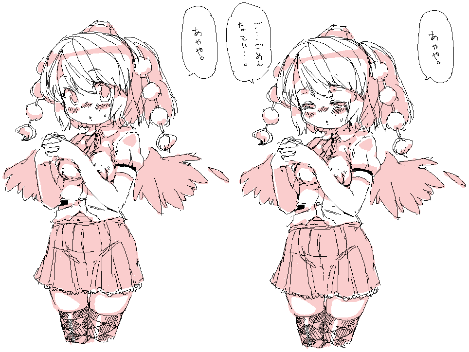 randou, shameimaru aya, touhou, argyle legwear, translation request, 1girl, argyle clothes, blush, female focus, hat, monochrome, oekaki, patterned legwear, pink theme, tears, thighhighs, tokin hat, zettai ryouiki