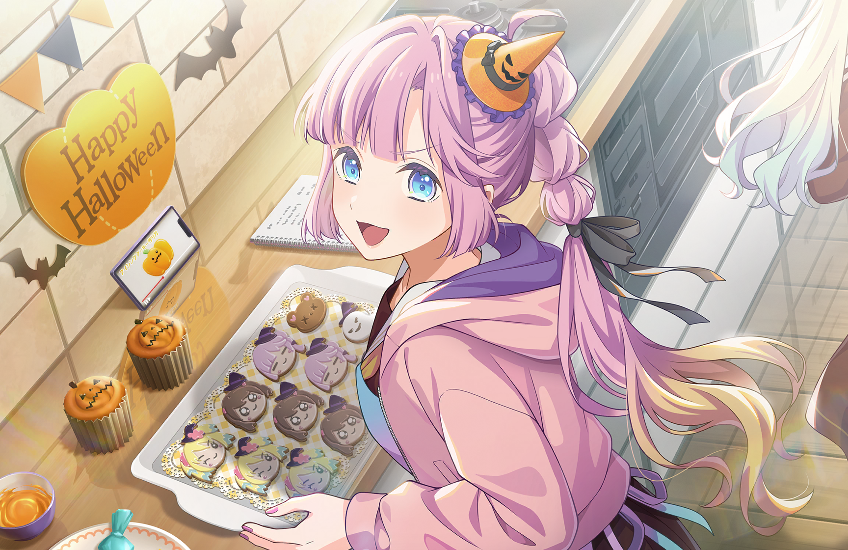anyoji hime, fujishima megumi, osawa rurino, link! like! love live!, love live!, game cg, highres, non-web source, official art, 2girls, :d, ahoge, black ribbon, blonde hair, brown dress, cellphone, character cookie, dress, food, frilled hat, frills, gradient hair, hair intakes, hair ribbon, halloween, hasu no sora school uniform, hat, hood, hood down, hooded jacket, jacket, long sleeves, mini hat, mini witch hat, muffin, multi-tied hair, multicolored hair, multiple girls, neckerchief, open clothes, open jacket, open mouth, orange hat, phone, pink hair, pink jacket, ponytail, ribbon, sailor collar, sailor dress, school uniform, sidelocks, smartphone, smile, solo focus, tray, v-shaped eyebrows, virtual youtuber, white sailor collar, winter uniform, witch hat, yellow neckerchief