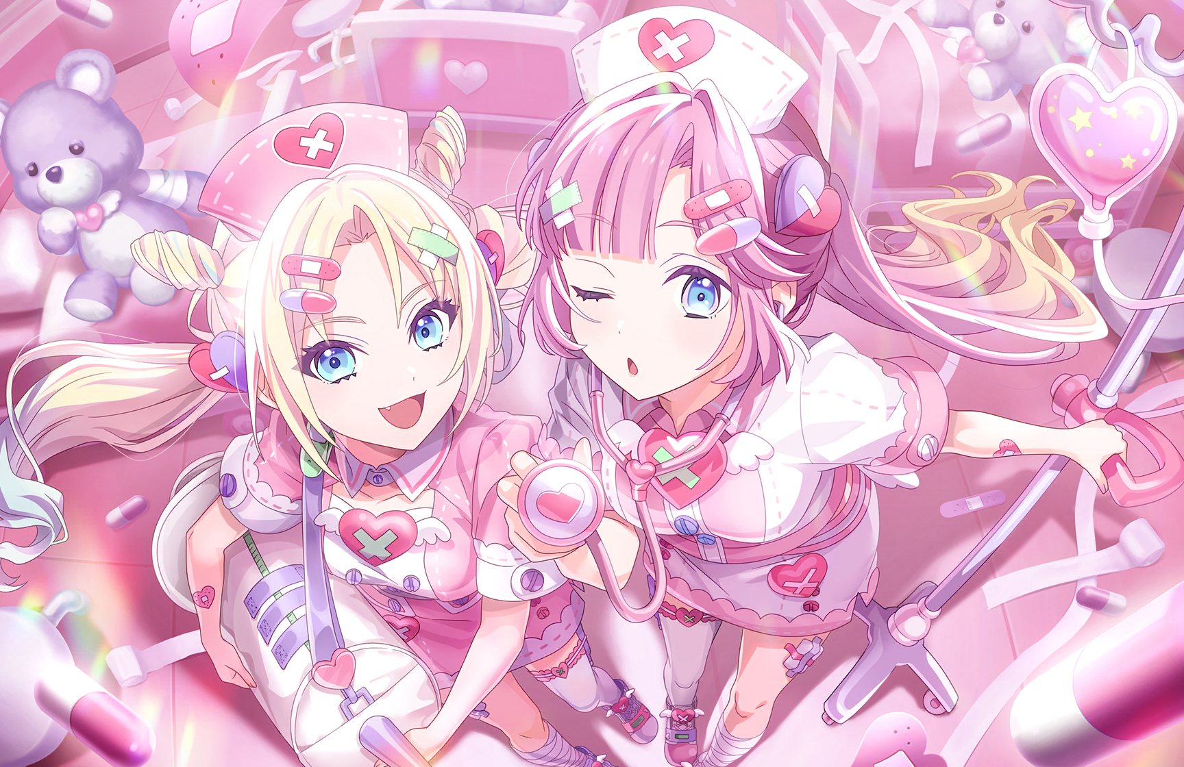 anyoji hime, osawa rurino, link! like! love live!, love live!, game cg, highres, non-web source, official art, 2girls, :3, bandaged leg, bandages, bandaid, bandaid hair ornament, blonde hair, blue eyes, blue hair, box, breasts, closed mouth, collarbone, collared shirt, crossed bandaids, detached collar, fang, first aid kit, full body, gradient hair, hair ornament, hat, heart, heart hair ornament, holding, holding stethoscope, in box, in container, intravenous drip, large syringe, looking at viewer, medium breasts, miniskirt, mira-cra park!, multicolored hair, multiple girls, nurse, nurse cap, official alternate costume, open box, oversized object, pill hair ornament, pink hair, pink hat, pink shirt, pink skirt, pink theme, scissors, shirt, short sleeves, single thighhigh, skirt, stethoscope, stuffed animal, stuffed toy, syringe, teddy bear, thighhighs, twintails, virtual youtuber, vital sign (love live!), white hat