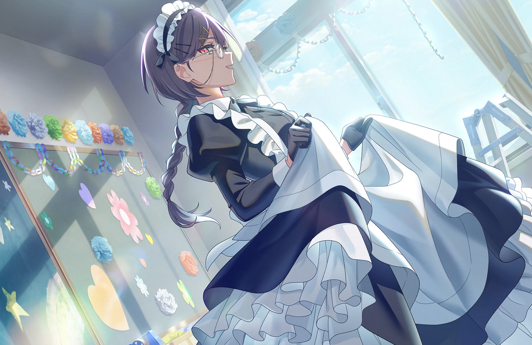 katsuragi izumi, link! like! love live!, love live!, game cg, highres, non-web source, official art, 1girl, apron, black dress, black gloves, braid, braided ponytail, bulletin board, classroom, clothing cutout, collared dress, contrast collar, cowboy shot, dress, frilled dress, frills, gloves, hair ornament, hairclip, half gloves, heart, heart cutout, indoors, juliet sleeves, long sleeves, looking at viewer, maid, maid headdress, monocle, orange eyes, paper chain, profile, puffy sleeves, single braid, skirt hold, solo, triangle hair ornament, virtual youtuber, waist apron, white apron