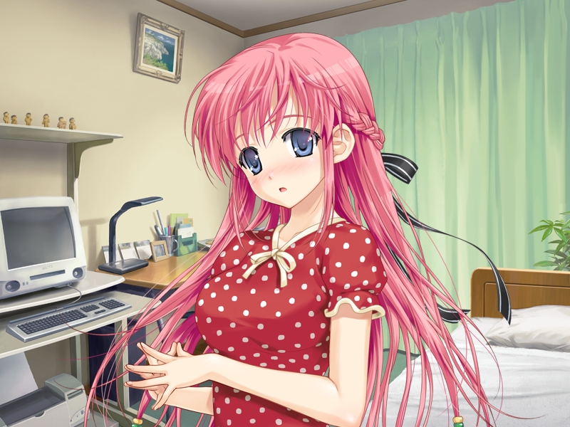 happoubi jin, orifushi akina, kanojo x kanojo x kanojo, game cg, non-web source, 1girl, bedroom, blue eyes, blush, braid, female focus, half updo, indoors, long hair, pink hair, polka dot, solo