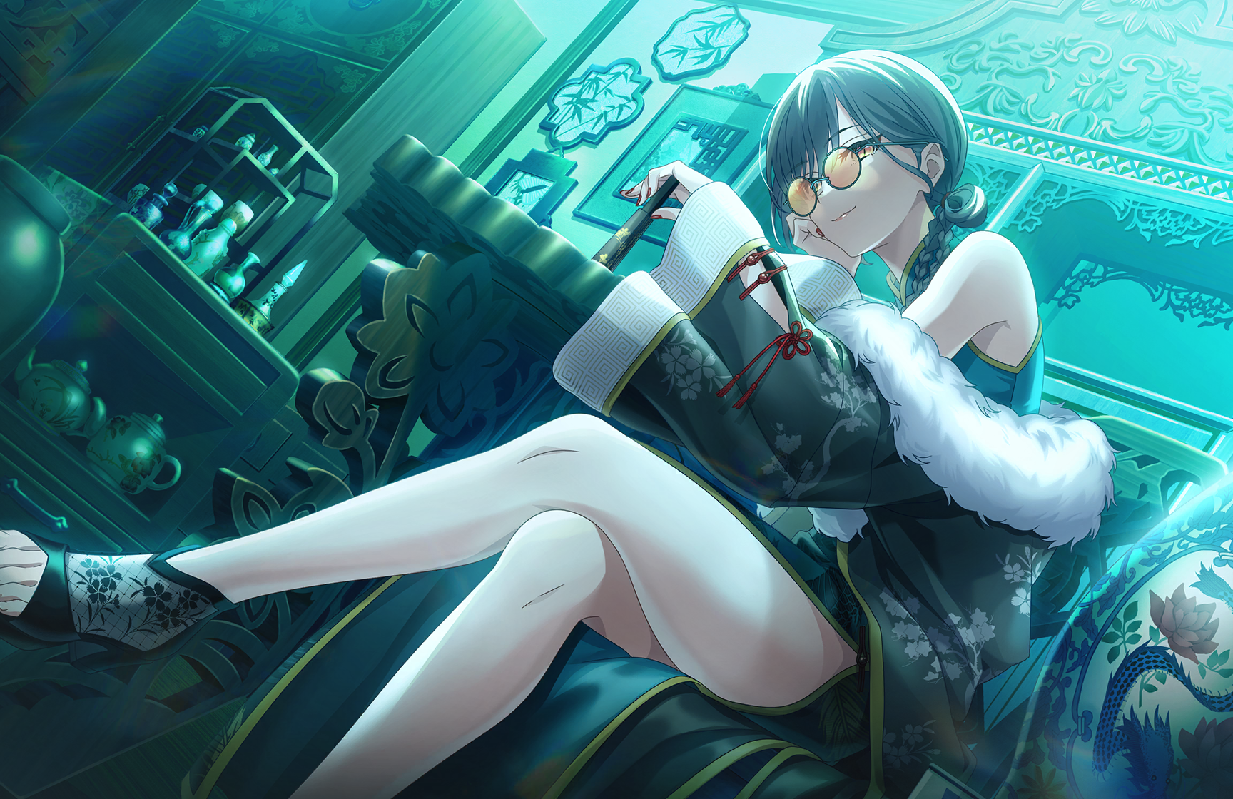 katsuragi izumi, link! like! love live!, love live!, game cg, highres, non-web source, official art, 1girl, bare legs, bare shoulders, black coat, black hair, braid, china dress, chinese clothes, coat, crossed legs, dress, fishnet footwear, floral print coat, foot out of frame, from below, fur-trimmed coat, fur trim, green-framed eyewear, hair bun, high heels, holding, indoors, katsuragi izumi (shiren koto no ryuu), long hair, long sleeves, looking at viewer, nail polish, official alternate costume, open-toe shoes, orange-tinted eyewear, red nails, round eyewear, see-through clothes, see-through footwear, single hair bun, sitting, sleeveless, sleeveless dress, solo, sunglasses, thighs, tinted eyewear, very low bun, virtual youtuber