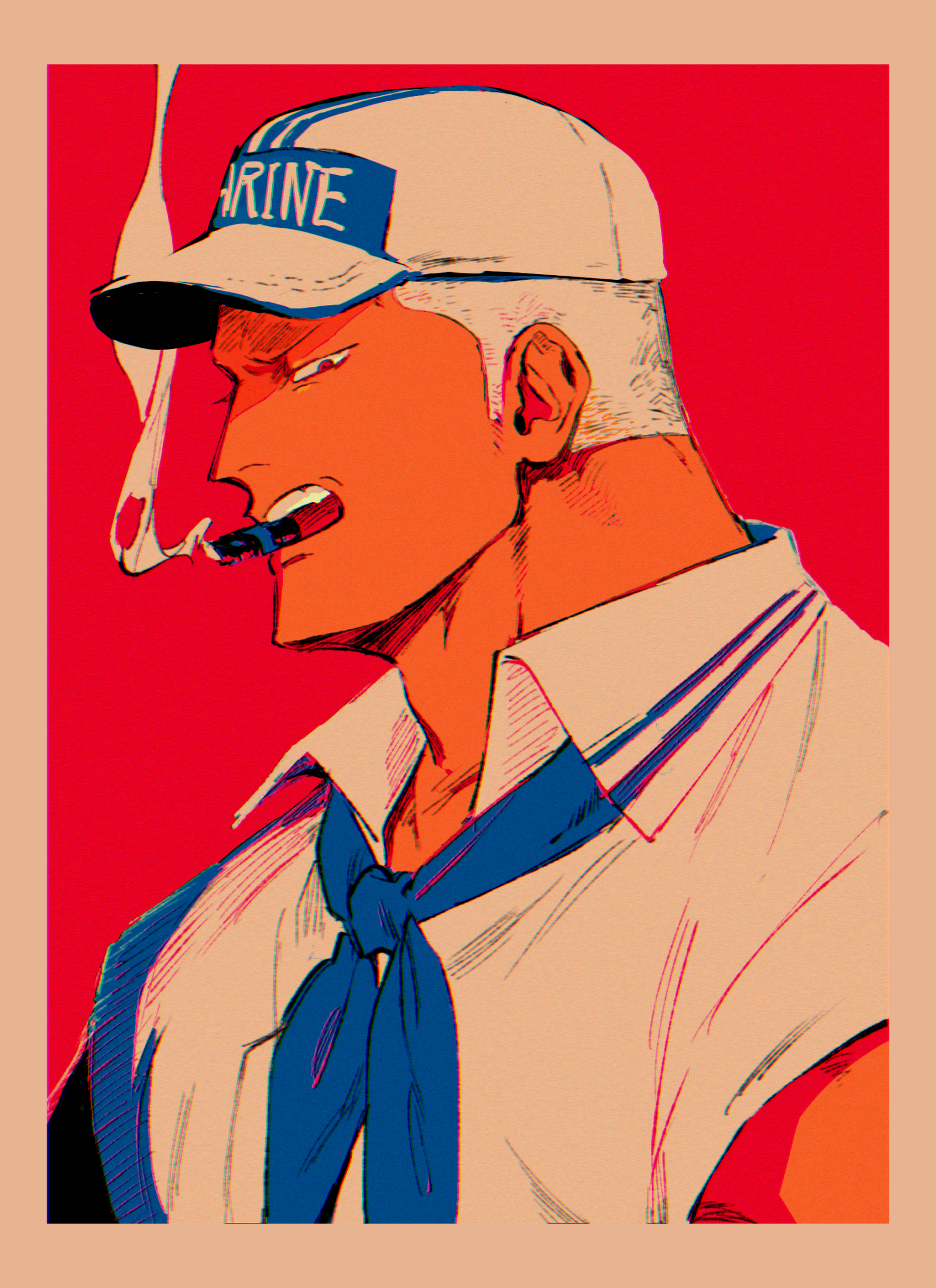 kabane (rjev8385), smoker (one piece), one piece, commentary request, highres, 1boy, alternate hair length, alternate hairstyle, baseball cap, blue neckerchief, border, brown eyes, buzz cut, cigar, collared shirt, grey border, hat, jitome, looking at viewer, male focus, military uniform, mouth hold, muscular, muscular male, naval uniform, neckerchief, profile, red background, sailor collar, shirt, short hair, simple background, smoke, smoke trail, smoking, solo, teeth, upper body, upper teeth only, very short hair, white hair, white hat