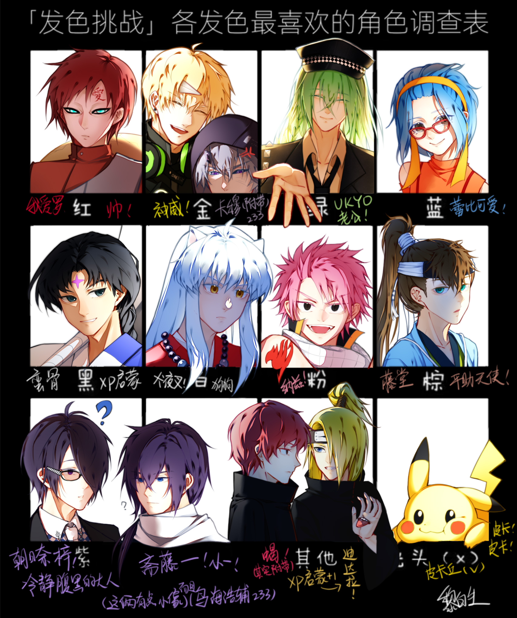 camu: crocotta (pgr), camu (pgr), deidara (naruto), gaara (naruto), inuyasha (character), kamui: bastion (pgr), kamui (pgr), natsu dragneel, pikachu, saitou hajime (hakuouki), sasori (naruto), ukyou (amnesia), amnesia (idea factory), brothers conflict, fairy tail, hakuouki shinsengumi kitan, inuyasha, naruto (classic), naruto (series), nintendo, pokemon, punishing: gray raven, character request, commentary request, copyright request, highres, translation request, 6+boys, ?, aqua eyes, asahina azusa, black-framed eyewear, black eyes, black hair, black necktie, blonde hair, blue eyes, blue hair, blush stickers, brown hair, closed eyes, gen 1 pokemon, glasses, green hair, grey hair, hair ornament, hair over one eye, hand mouth, hat, headphones, headphones around neck, japanese clothes, multiple boys, multiple drawing challenge, necktie, open mouth, pink hair, pokemon (creature), purple eyes, purple hair, red-framed eyewear, red hair, topknot, user ekut4342, white hair