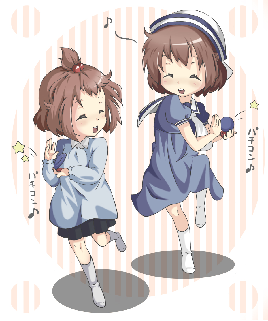 chonbo (artist), hirasawa yui, okazaki ushio, clannad, k-on!, bad id, bad pixiv id, 00s, 2girls, aged down, brown hair, castanets, child, closed eyes, comic, crossover, dancing, dixie cup hat, dress, forehead, hair bobbles, hair ornament, hat, high ponytail, instrument, kindergarten, kindergarten uniform, military hat, multiple girls, ponytail, sailor dress, school uniform, short hair, topknot, un tan