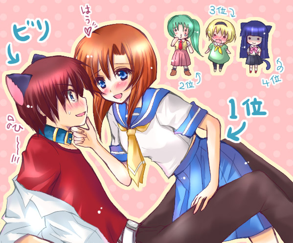 furude rika, houjou satoko, maebara keiichi, ryuuguu rena, sonozaki mion, higurashi no naku koro ni, non-web source, 00s, 1boy, 4girls, :3, animal ears, blue eyes, blush, brown hair, cat ears, chibi, couple, fang, hetero, multiple girls, o3o, pantyhose, school uniform