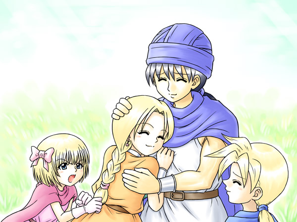 gochan, bianca (dq5), hero's daughter (dq5), hero's son (dq5), hero (dq5), dragon quest, dragon quest v, hand on head, 2boys, 2girls, age difference, aged down, blonde hair, bow, braid, brother and sister, cape, child, closed eyes, family, father and daughter, father and son, gloves, hair bow, headpat, hug, jealous, mother and daughter, mother and son, multiple boys, multiple girls, siblings, single braid, smile, twins