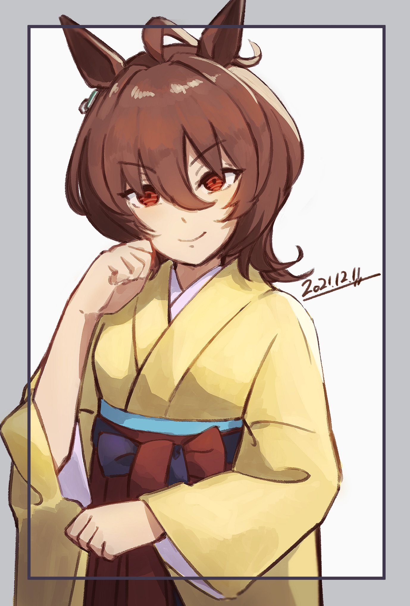 agnes tachyon (umamusume), umamusume, highres, 1girl, 253 bcl 24282, ahoge, chemical structure, closed mouth, dated, ear ornament, earrings, furrowed brow, hair between eyes, hand up, japanese clothes, jewelry, kimono, long sleeves, medium hair, obi, red eyes, red sash, sash, single earring, smile, solo, wolf cut, yellow kimono