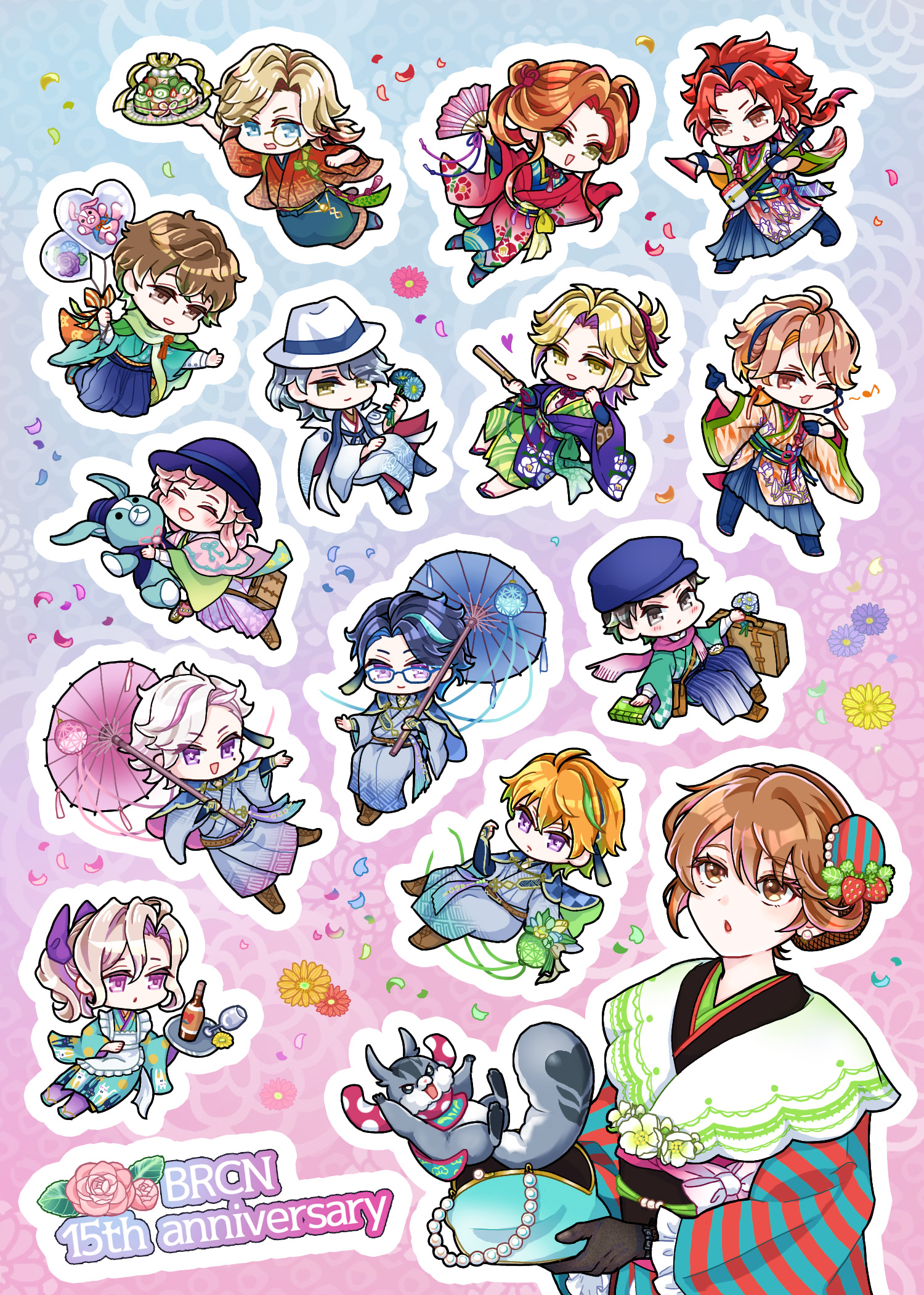 asahina fuuto, asahina hikaru (brothers conflict), asahina louis, asahina masaomi, asahina wataru, asahina yuusuke, hinata ema (brothers conflict), juli (brothers conflict), brothers conflict, commentary request, highres, 1girl, 6+boys, anniversary, apron, asahina azusa, asahina iori, asahina kaname, asahina natsume, asahina subaru, asahina tsubaki, asahina ukyou, bachi, bag, balloon, blonde hair, blue-framed eyewear, blue flower, blue hair, bow, brown eyes, brown hair, closed eyes, earrings, flower, food, food-themed hat ornament, fruit hat ornament, glasses, gloves, grey hair, hair ornament, hand fan, handbag, hat, hat ornament, headset, heart balloon, holding, holding fan, holding plectrum, instrument, japanese clothes, jewelry, kimono, mini hat, mole, mole under eye, monocle, morino midori, multicolored hair, multiple boys, musical note, necklace, oil-paper umbrella, one eye closed, open mouth, orange hair, pearl earrings, pearl necklace, petals, pink eyes, pink flower, pink hair, plectrum, purple eyes, purple hair, red eyes, red flower, sandals, scarf, shamisen, squirrel, strawberry hat ornament, striped bow, stuffed animal, stuffed toy, suitcase, two-tone hair, umbrella, yellow eyes, yellow flower