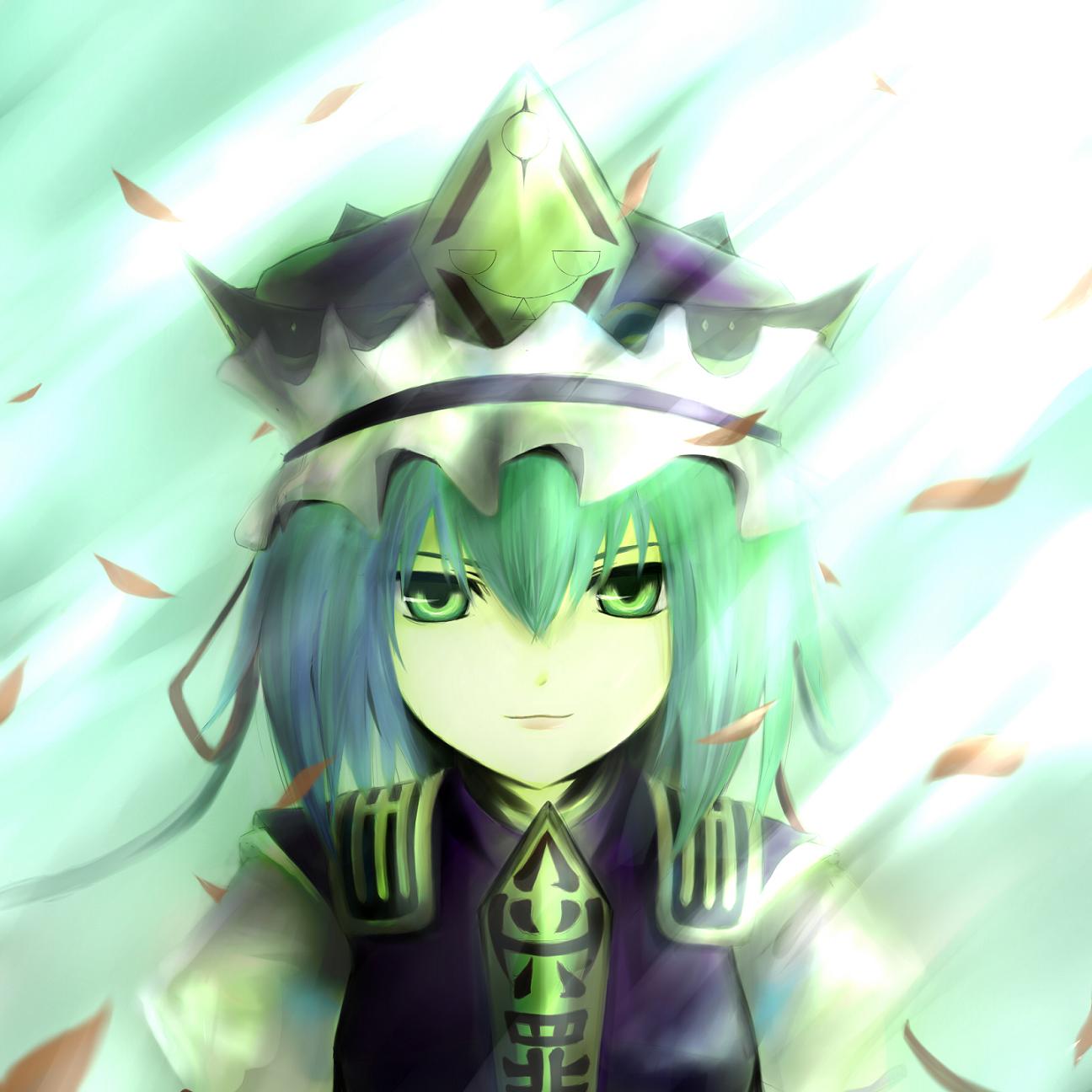 asparagus (peaceibakei), peaceibakei, shiki eiki, touhou, highres, 1girl, female focus, green eyes, green hair, hat, matching hair/eyes, rod of remorse, solo