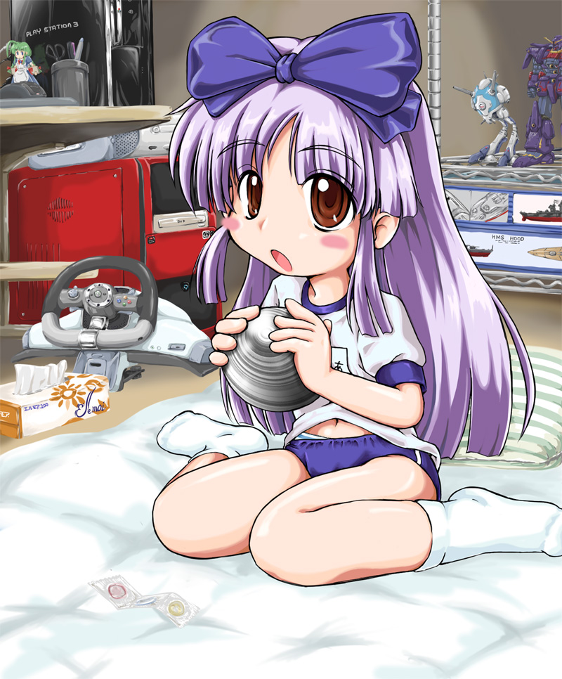 cpu, torihada jigorou, 3.1-tan, me-tan, psycho gundam mk ii, regult, zentradi, choujikuu yousai macross, gundam, macross, os-tan, zeta gundam, 1980s (style), annotation request, bad id, bad pixiv id, 1girl, bedroom, brown eyes, buruma, computer, condom, condom packet strip, condom wrapper, esbeliben, female focus, figure, futon, game console, gym uniform, hair ribbon, indoors, kneeling, long hair, mecha, non-humanoid robot, oldschool, otaku, playstation 3, purple hair, radio, retro artstyle, ribbon, robot, shell, solo, tissue, tissue box, walker (robot), xbox 360, xbox 360 steering wheel